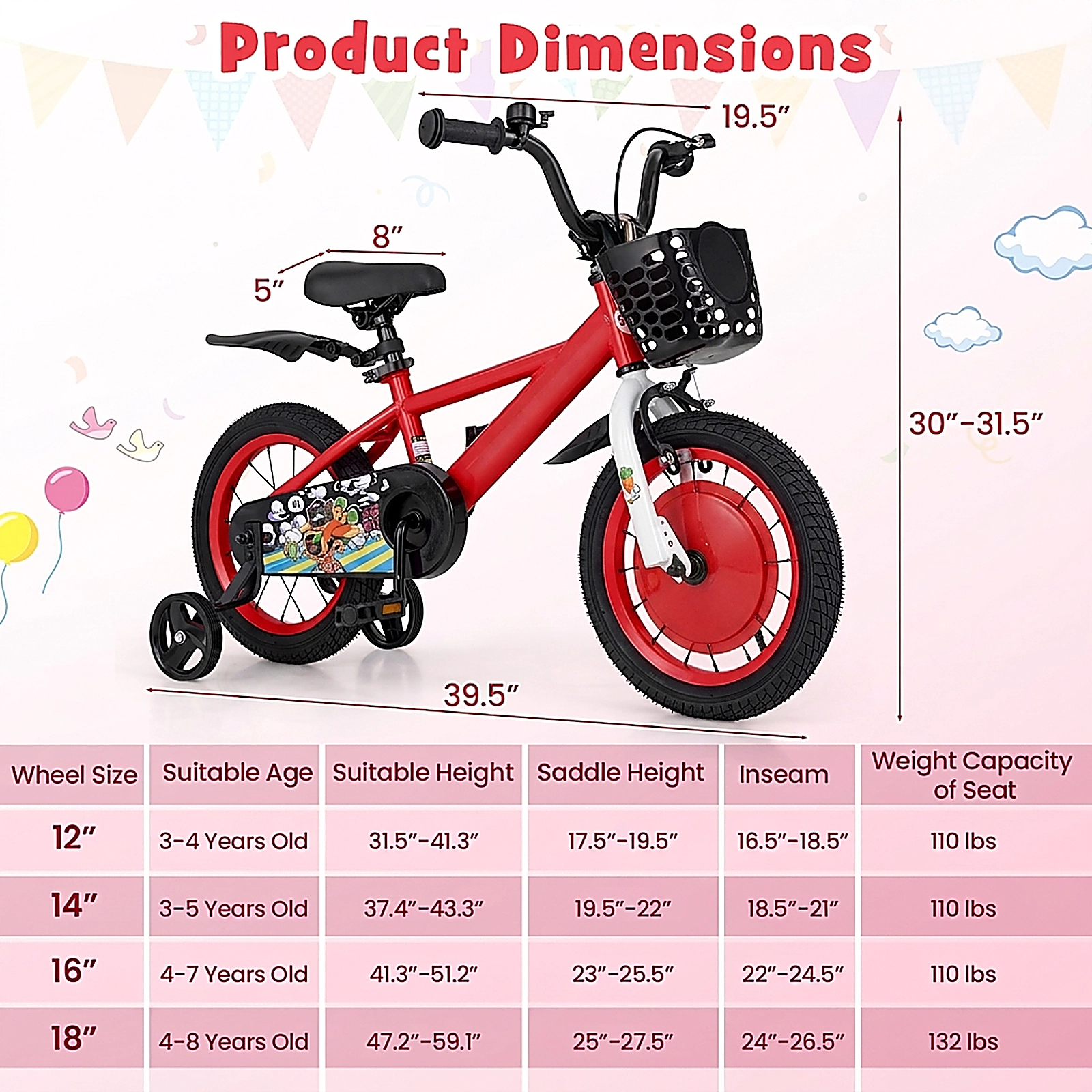 SUGIFT Adjustable 14-Inch Kids Bicycle with Hand and Coaster Brake 110-lb Seat Capacity Ages 3-5 Red