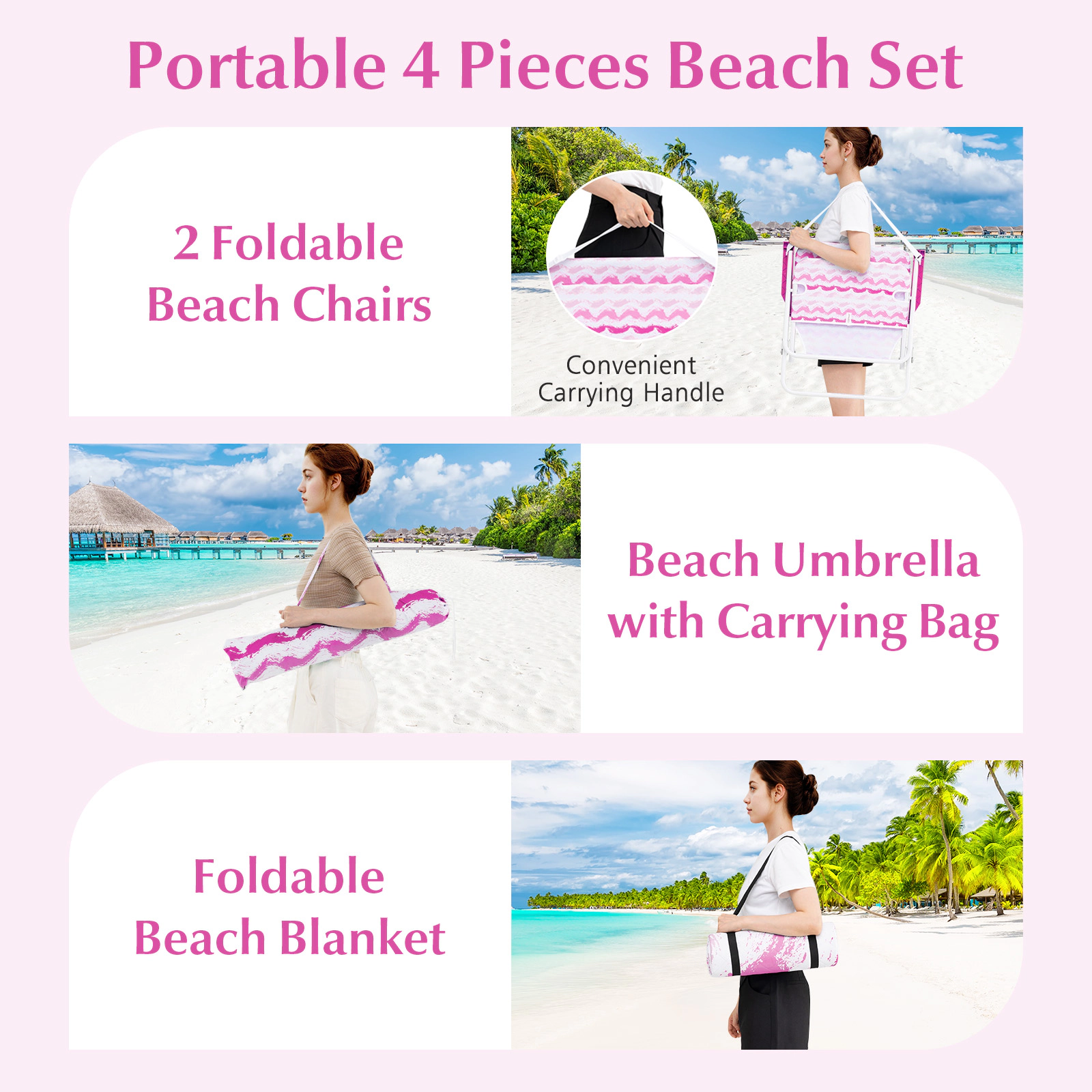 SUGIFT Pink 4-Piece Beach Set with 6.2-ft UPF 50+ Umbrella, 2 Folding Chairs and Picnic Blanket