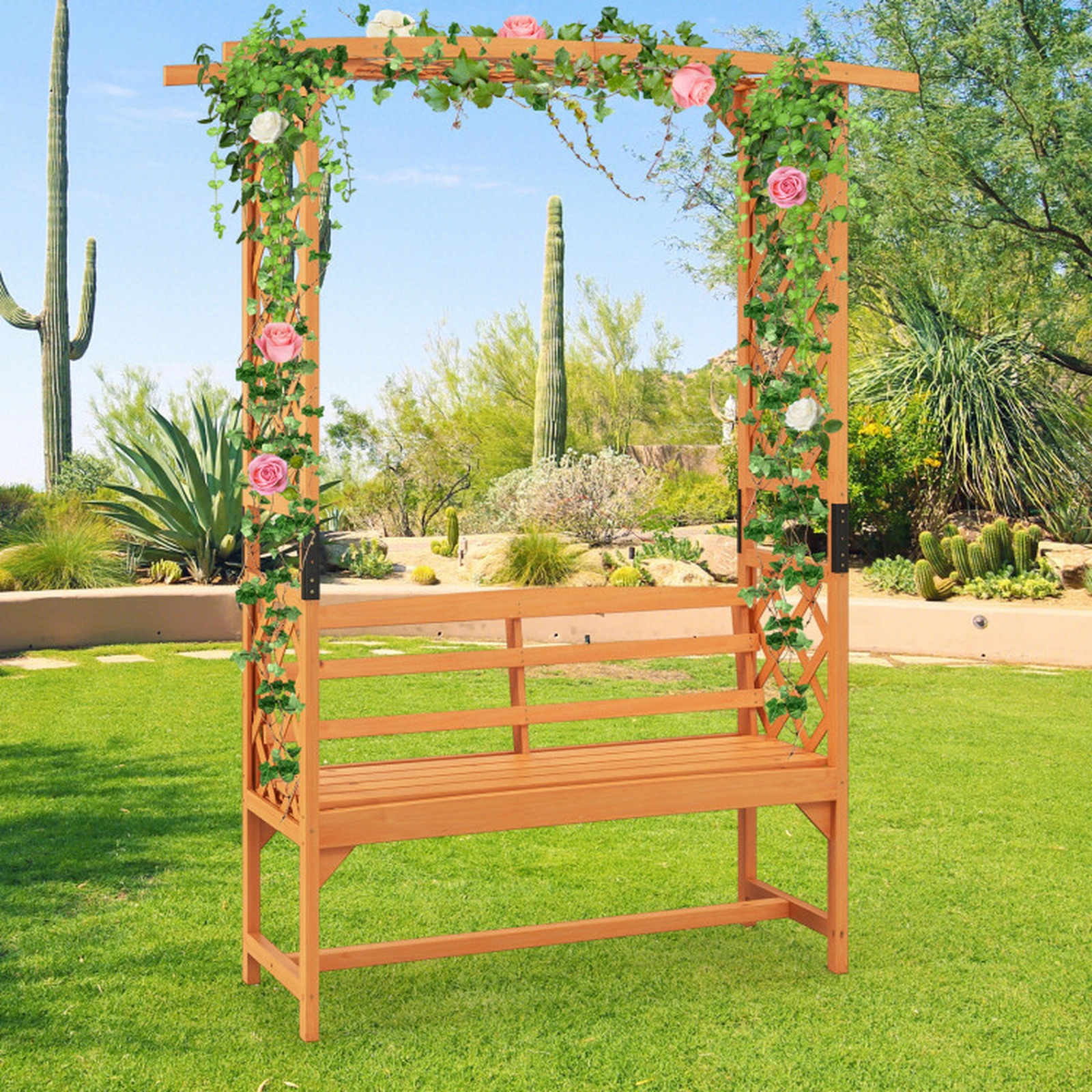 SUGIFT 6.5-ft Tall Fir Wood Patio Garden Arbor with Pergola and 2-Seat Bench 660-lb Capacity 63-in Wide Yellow