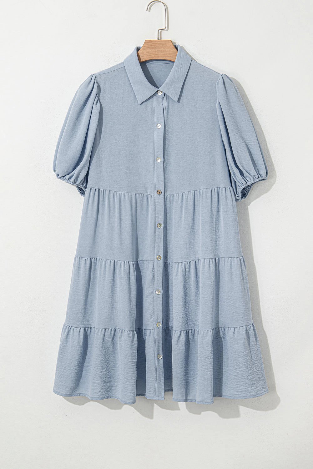 Threaded Pear Women's Arya Shirt Collar Button Up Puff Sleeve Tiered Dress