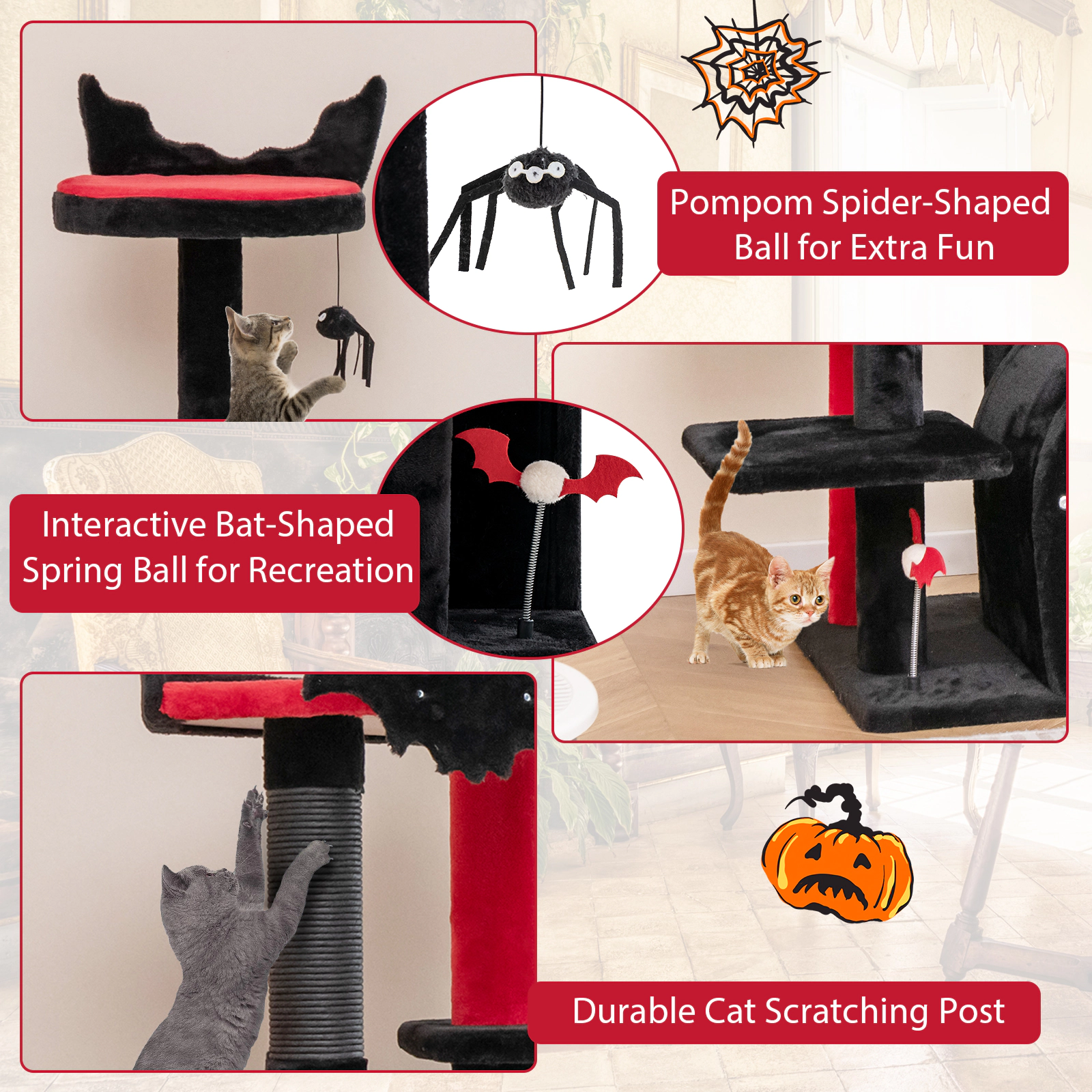 SUGIFT 53-in Tall Gothic Cat Tree Tower with Arch-Shaped Condo Plush Bed Top Perch and Scratching Posts