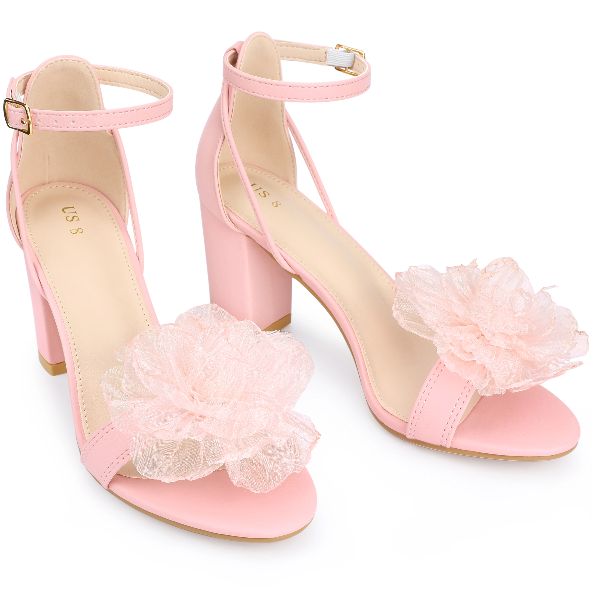 BLISSFUL STEP Women Faux Leather Floral Open Toe Ankle Strap Block Heel Sandals