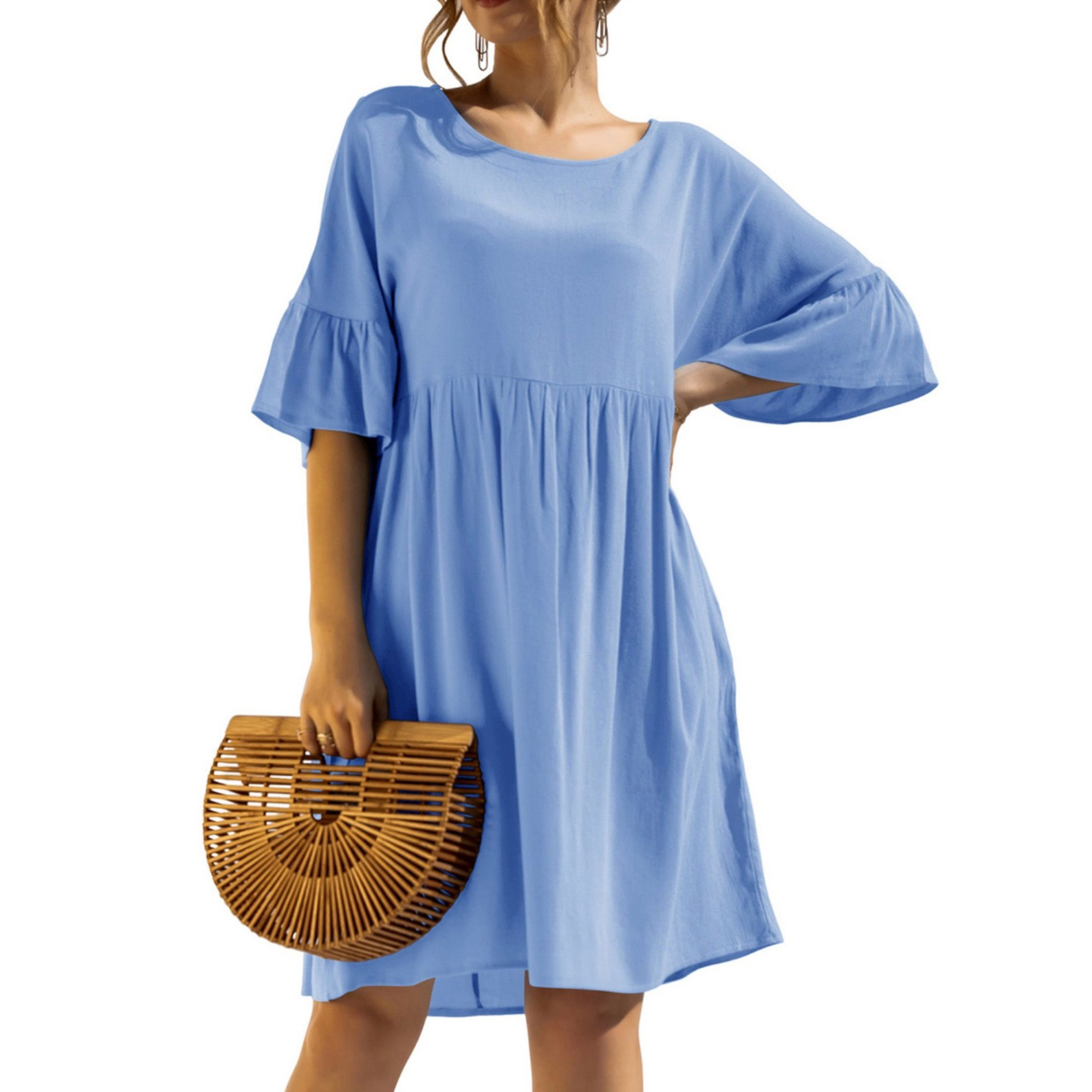 Anna-Kaci Women's Short Sleeve Loose Fit Midi Dress with Ruffle Detail and Side Pockets