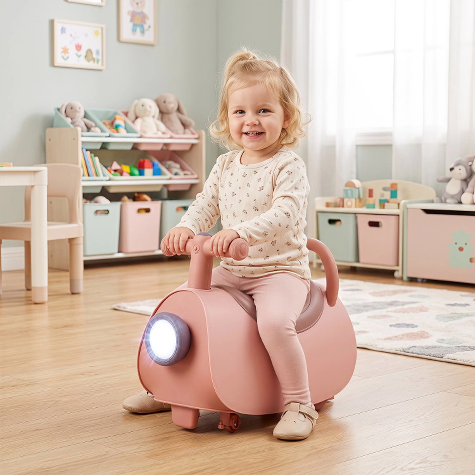 SUGIFT Pink Headlight Music and Under Seat Storage Toddler Ride On Push Car
