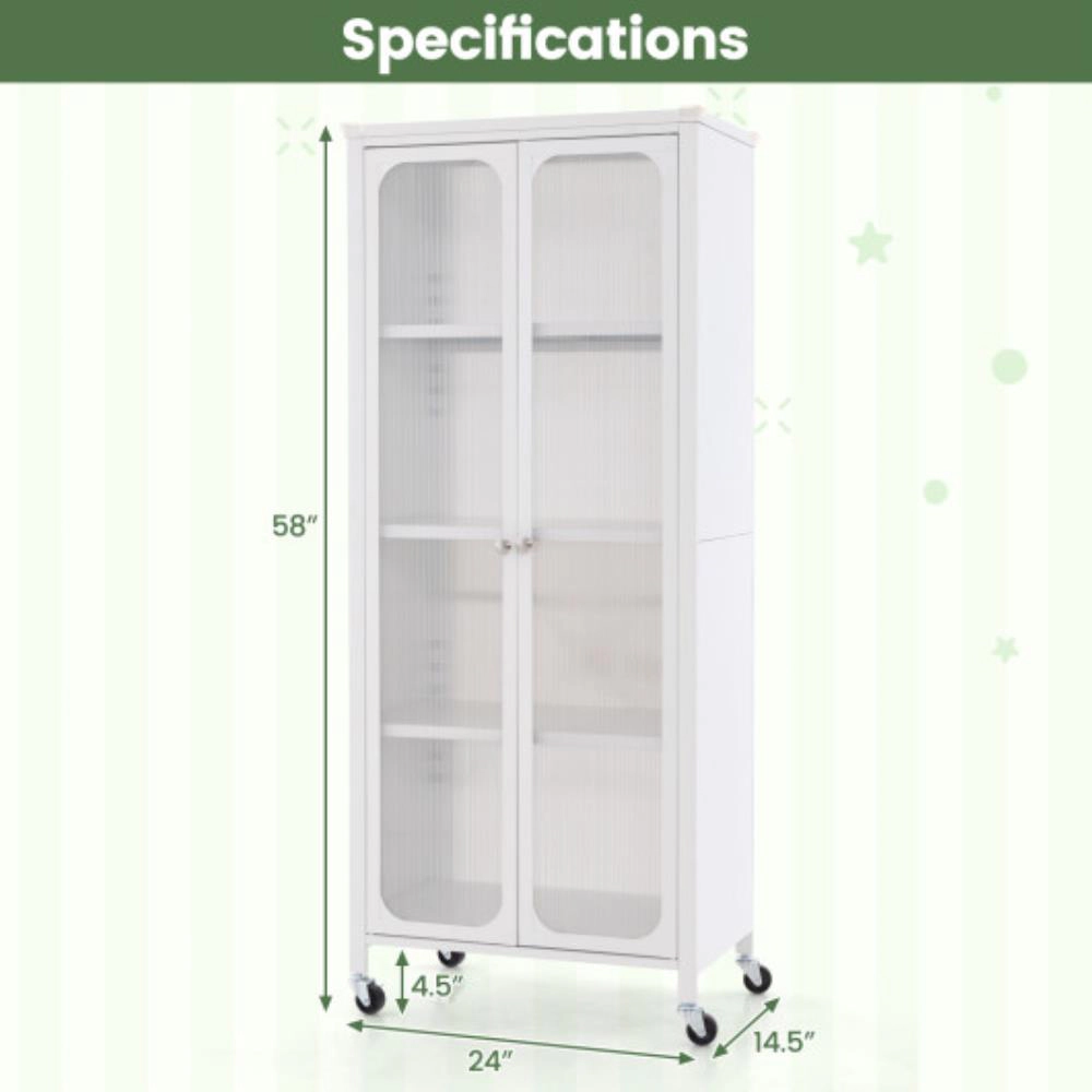 Hivvago Glass Doors Storage Cabinet With Wheels And Adjustable Shelves-White