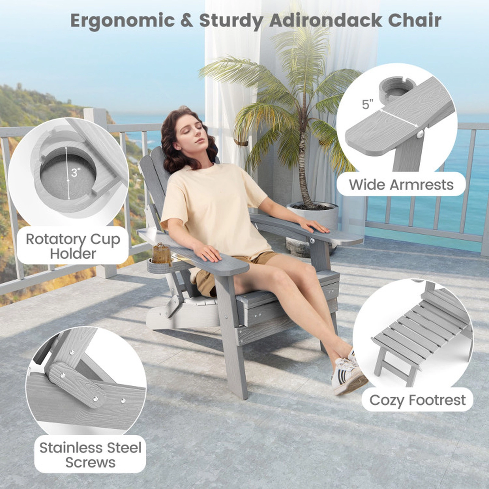 SUGIFT All-Weather HIPS Folding Adirondack Lounge Chair 4-Position Backrest 400-lb Capacity Retractable Footrest Gray