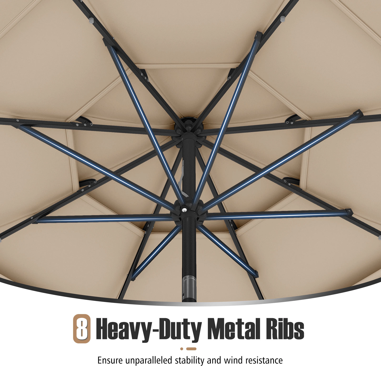 SUGIFT 3-Tier Vented Solar Patio Umbrella with 32 LED Lights 10.3 x 8.2 in Canopy 10-ft Interior Diameter Beige