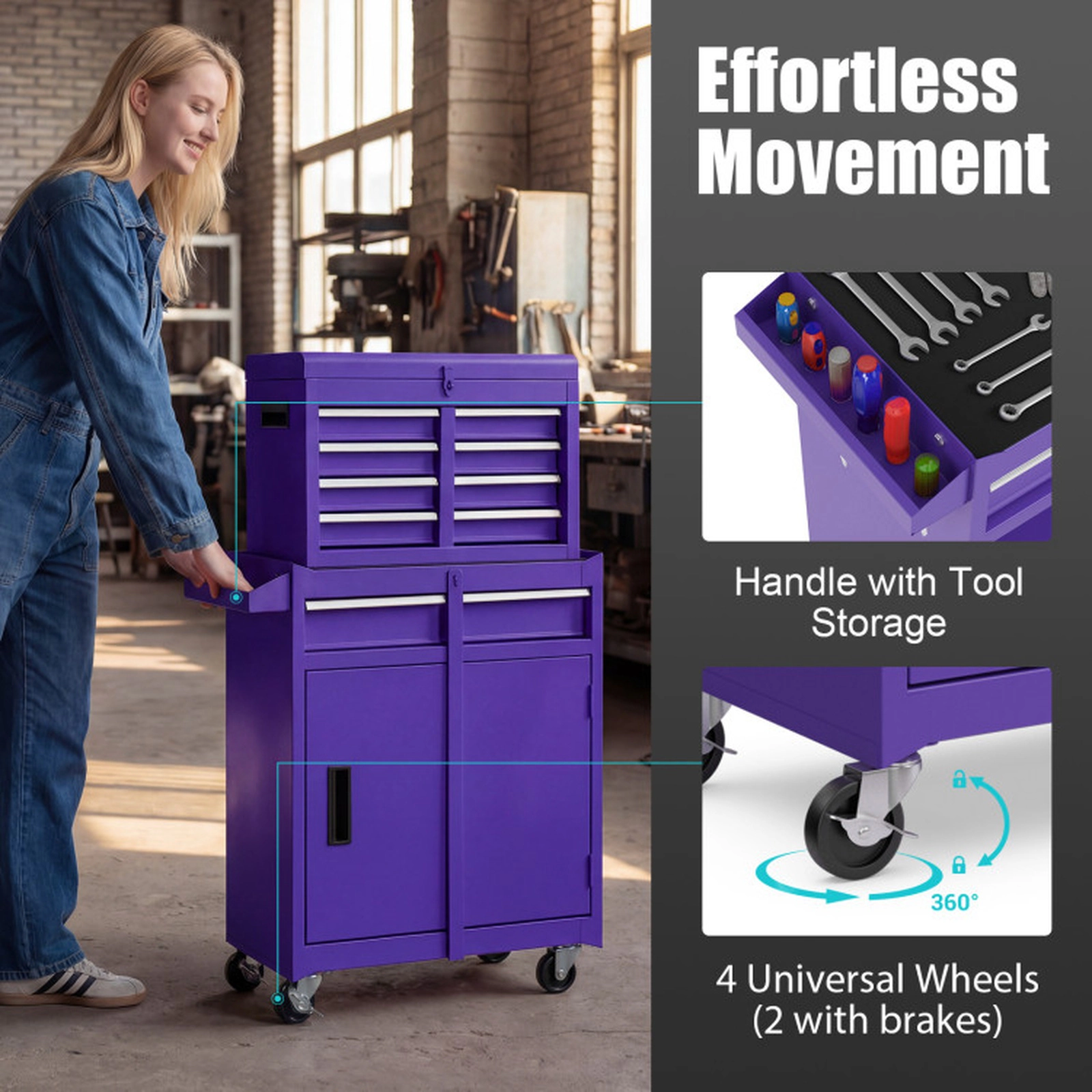 SUGIFT 2-in-1 Rolling Tool Chest with 5 Sliding Lockable Drawers 220.5-lb Total Capacity Steel Construction