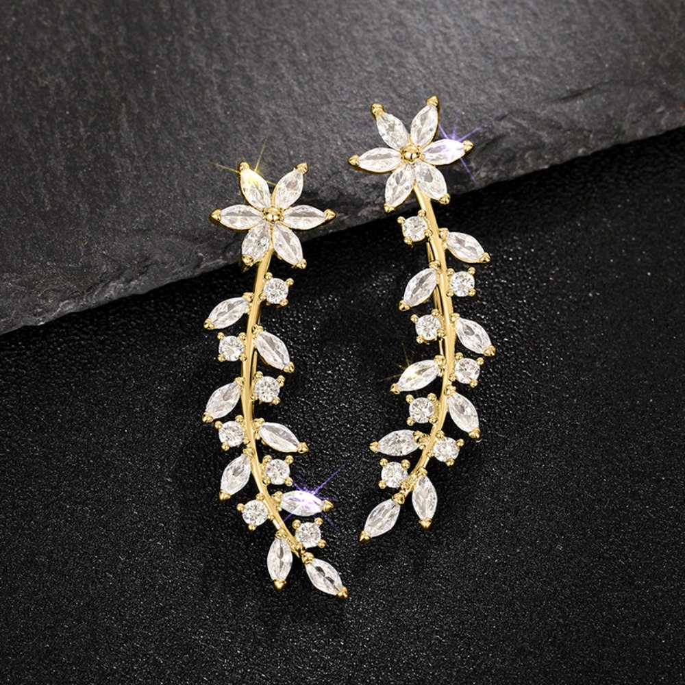 Floral Leaf Cubic Zirconia Ear Climber Hook Earrings