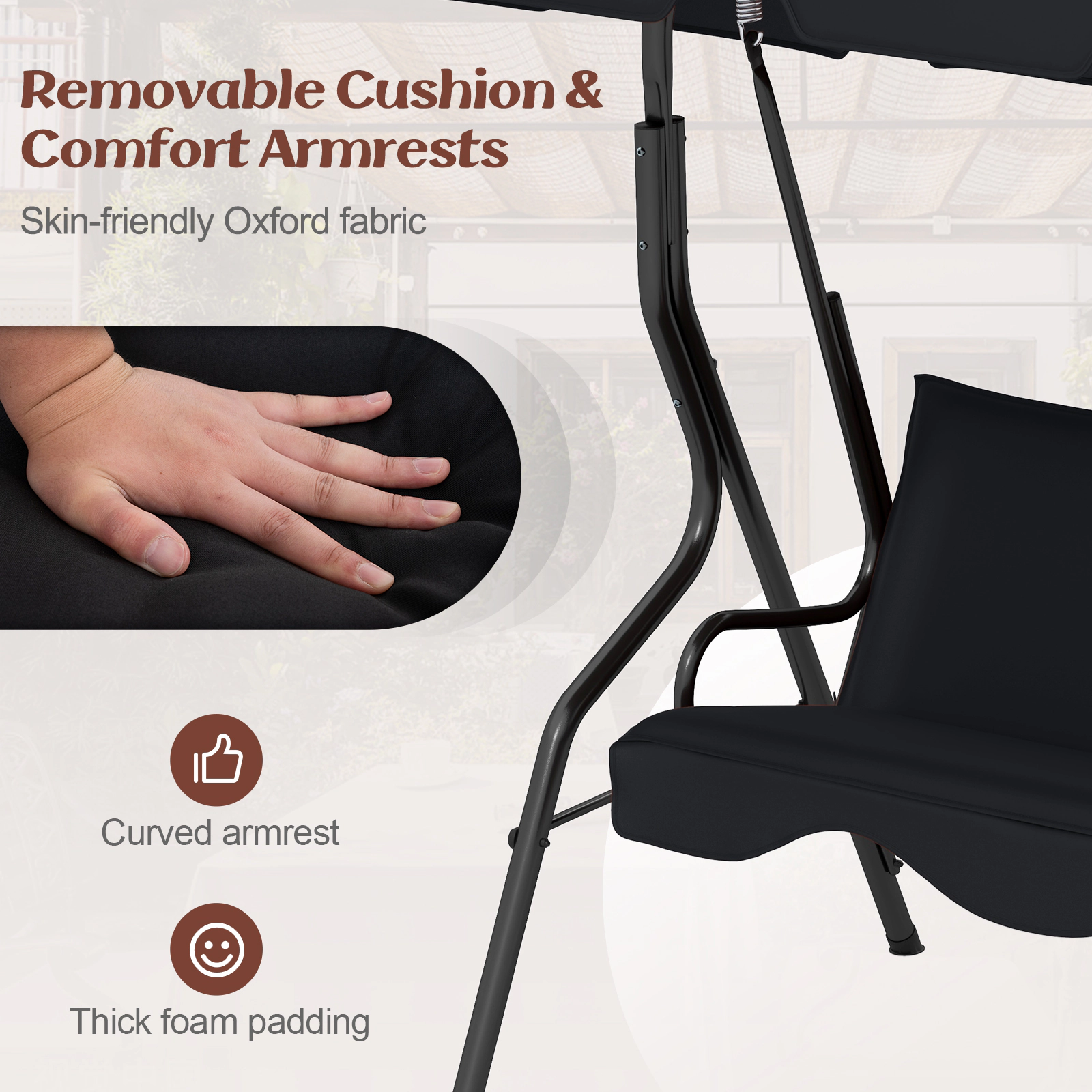 SUGIFT 3-Seat Outdoor Patio Canopy Swing with Cushion 500-lb Capacity Black