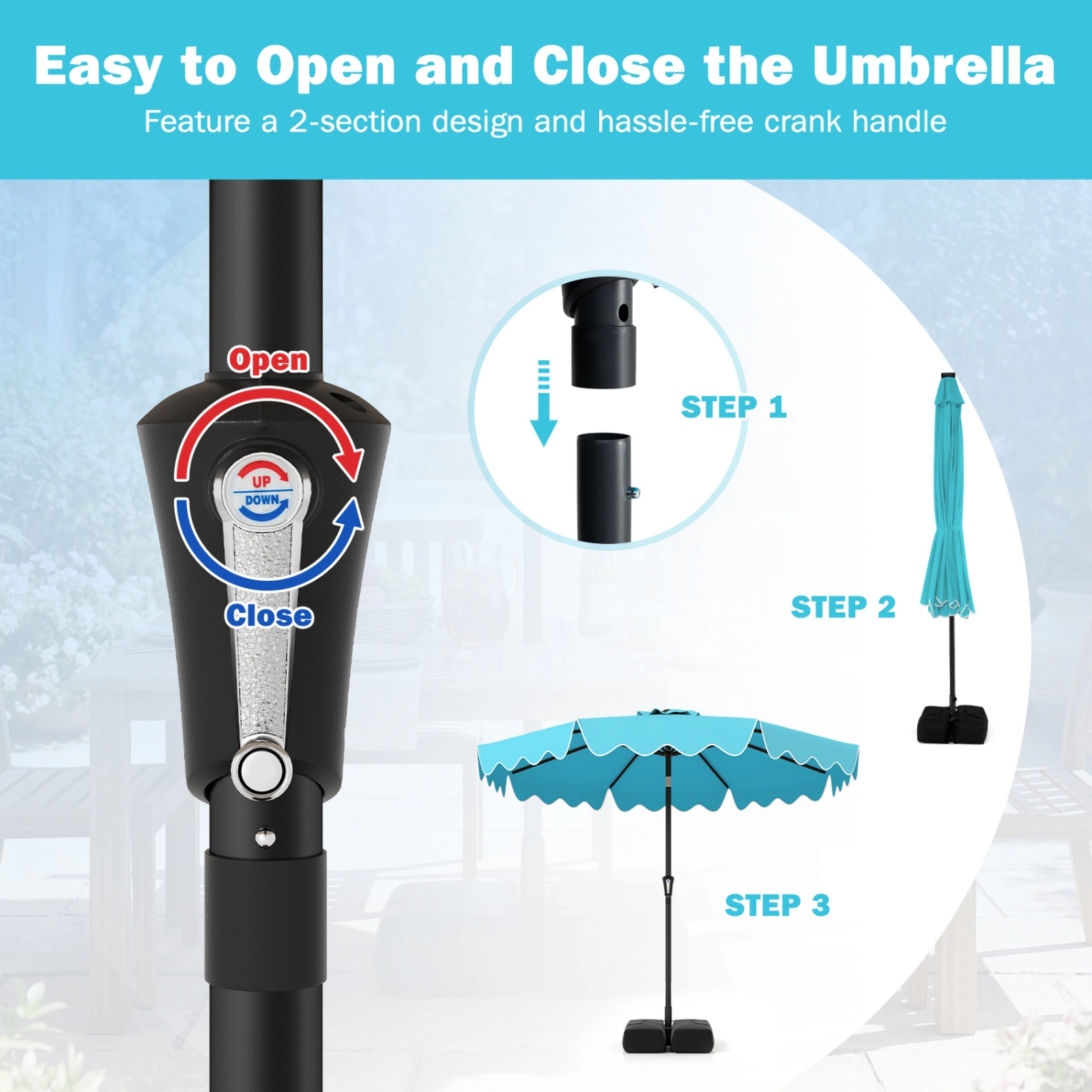 SUGIFT Double-Tier 9-Ft Patio Umbrella with Crank Lift, Tilt Canopy, Sandbag Base Turquoise