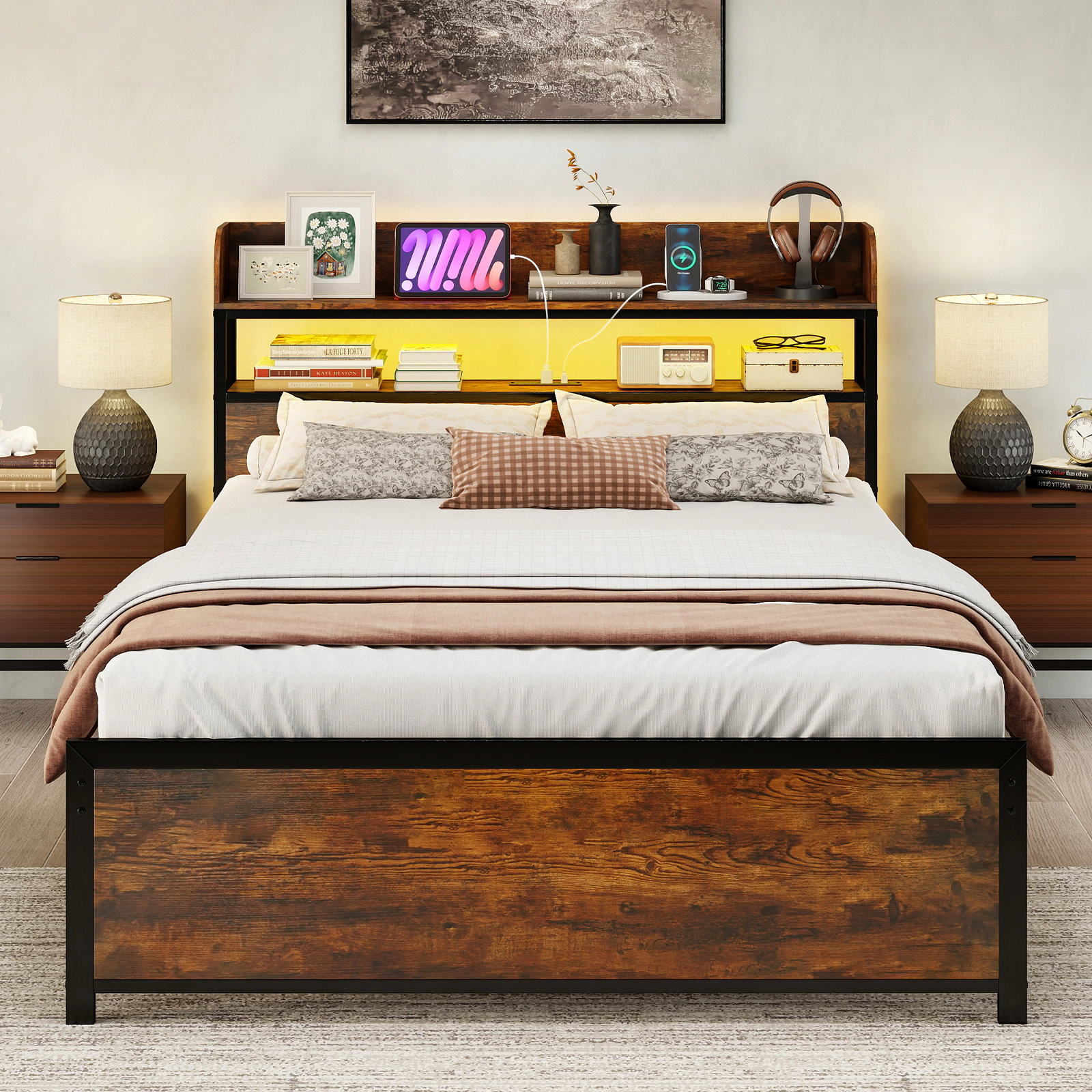 SUGIFT LED Storage Headboard Bed Frame with Power Outlets Full Size 1000-lb Capacity Rustic Brown