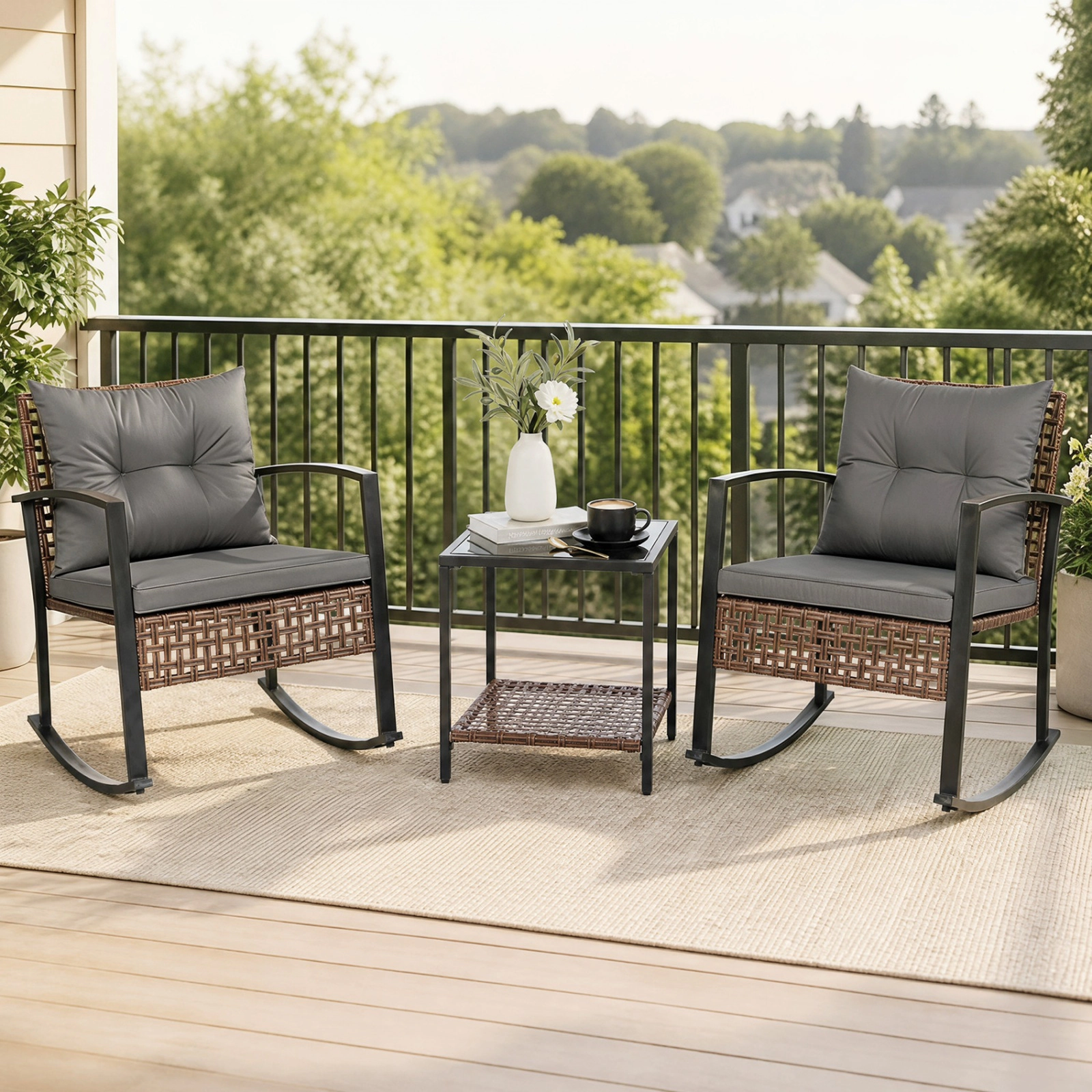 SUGIFT Outdoor Rocking Chair and Coffee Table Patio Dining Set 400-lb Chair Capacity Mixed Brown with Gray Cushions