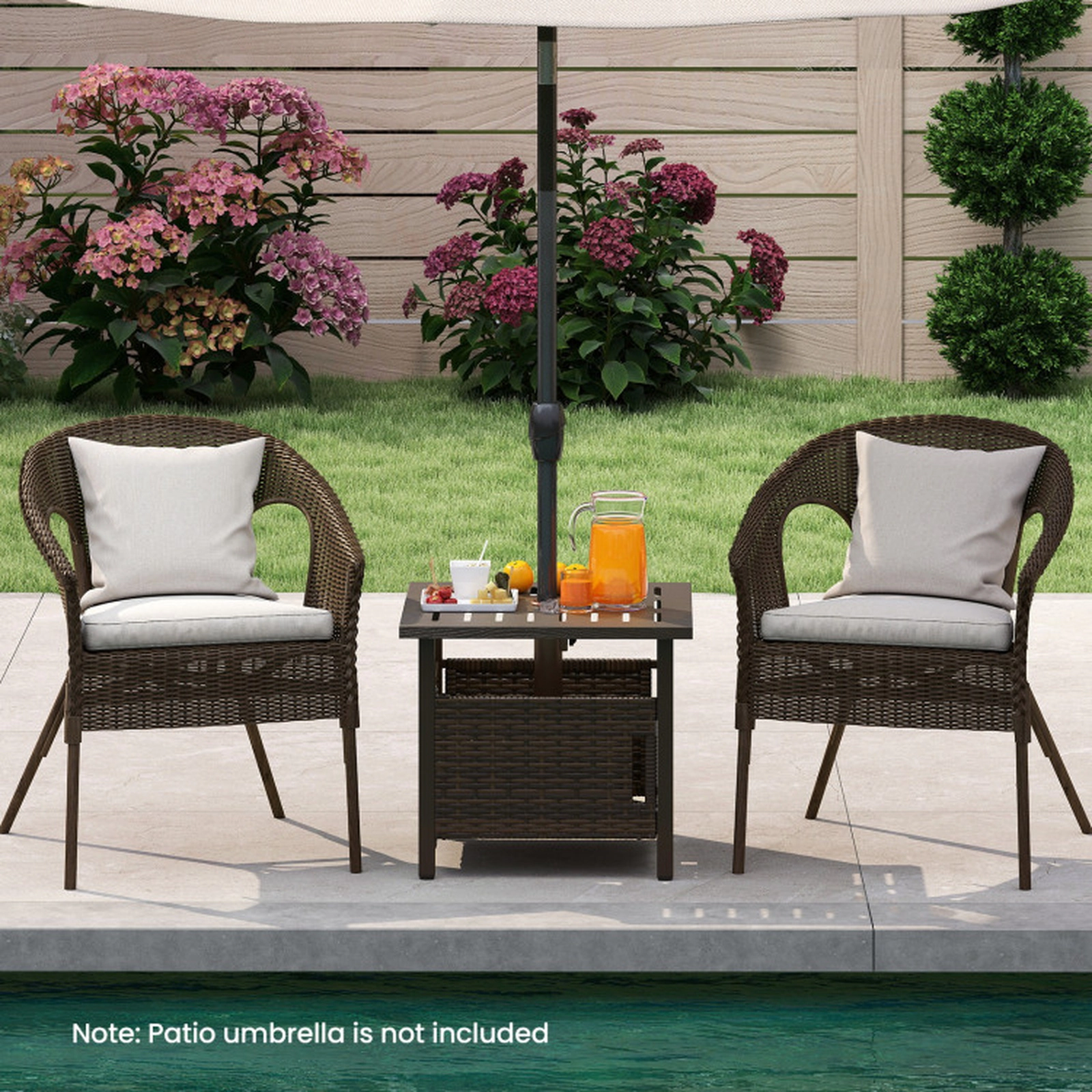 SUGIFT 22 in Outdoor Side Table Brown PE Wicker with 1.93 in Umbrella Hole