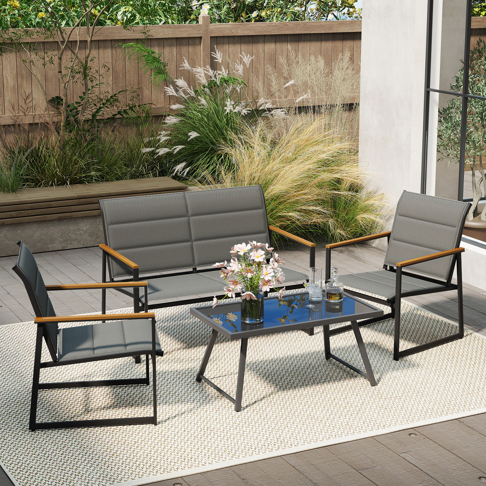 SUGIFT 4-Piece Gray Outdoor Patio Conversation Set with Loveseat, 2 Armchairs and Glass-Top Table