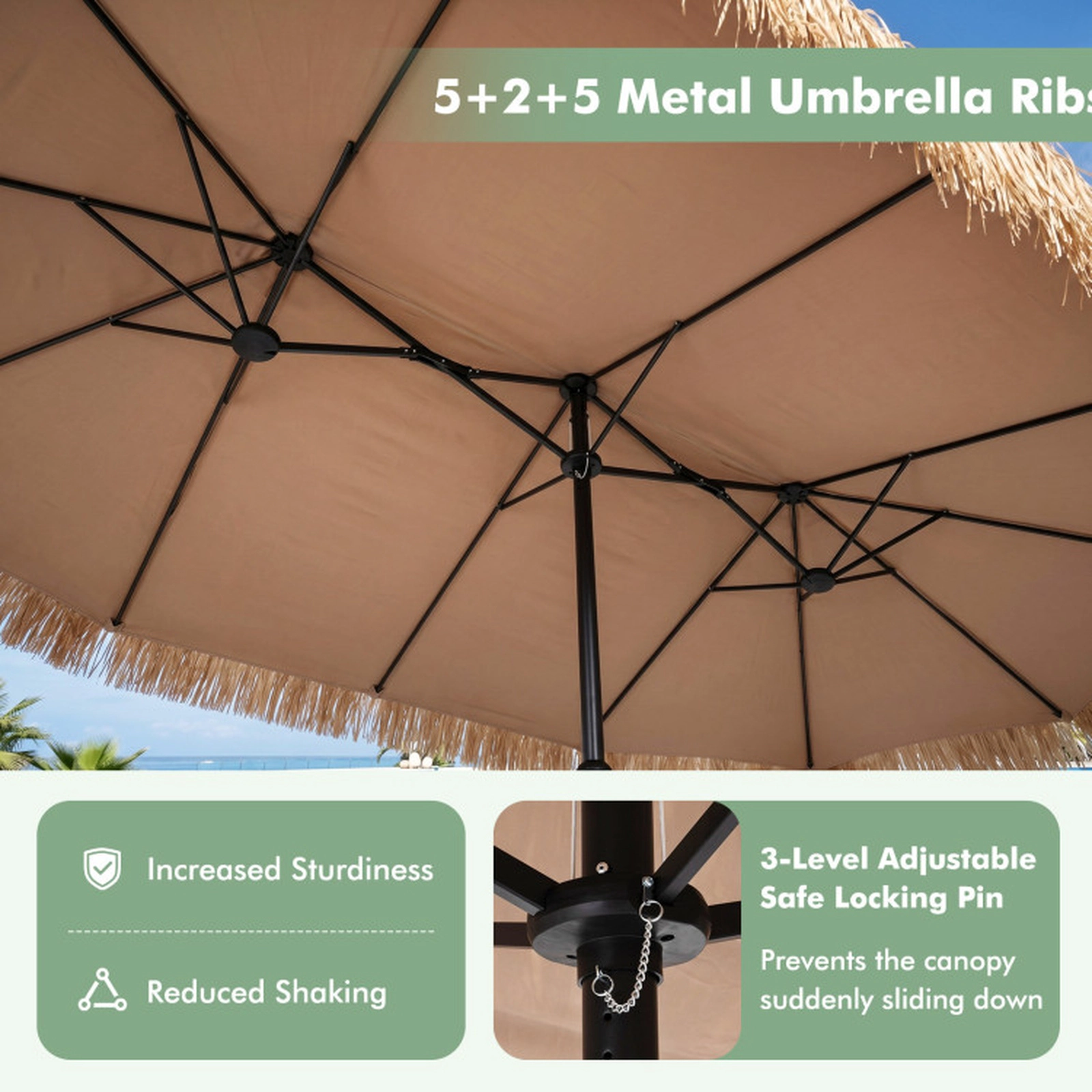 SUGIFT Brown 12 Ribs and Weighted Base 15 x 9 FT Solar Double-Sided Thatched Patio Umbrella