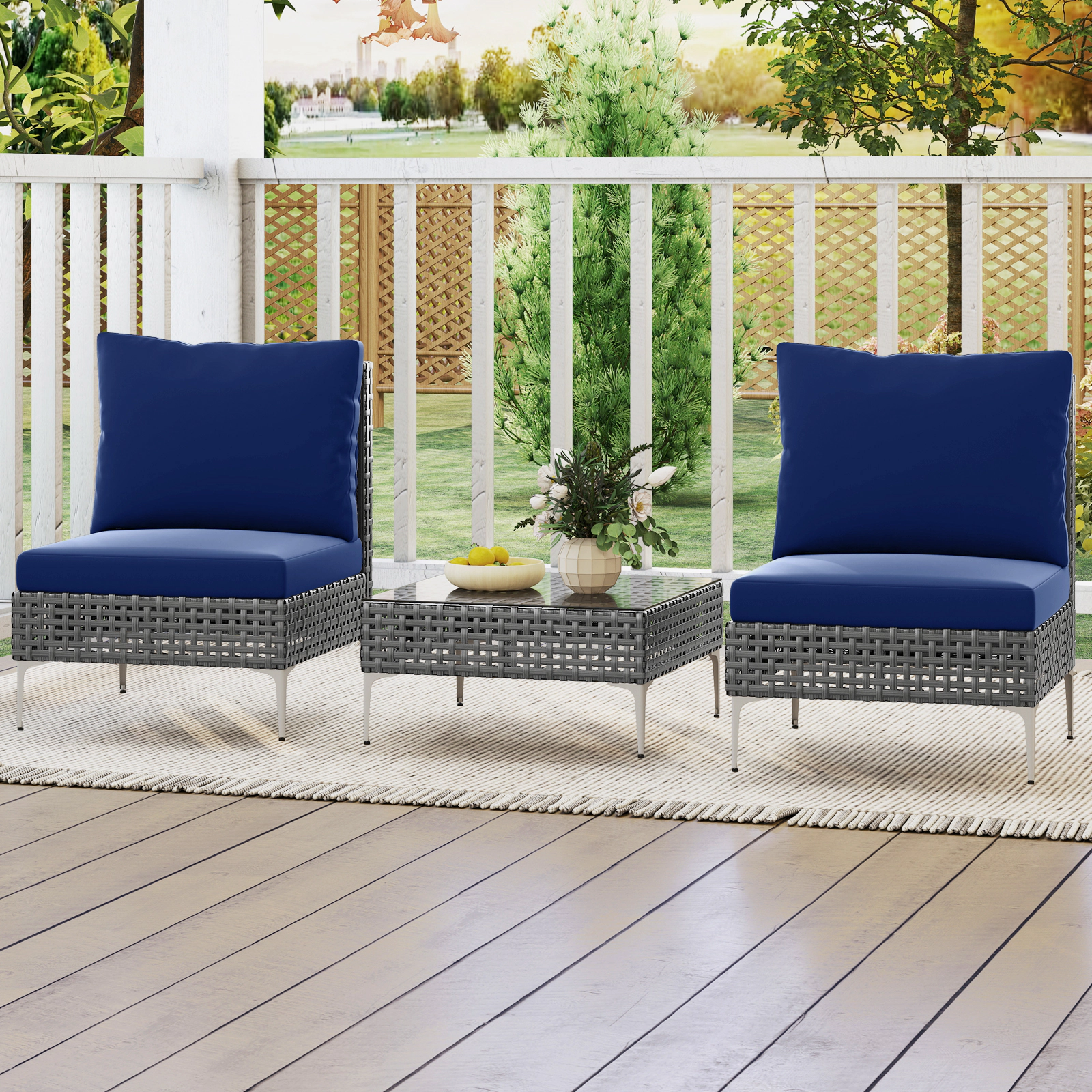 LJG 3 Pieces PE Rattan Conversation Chairs with Tempered Glass Coffee Table for Garden Porch