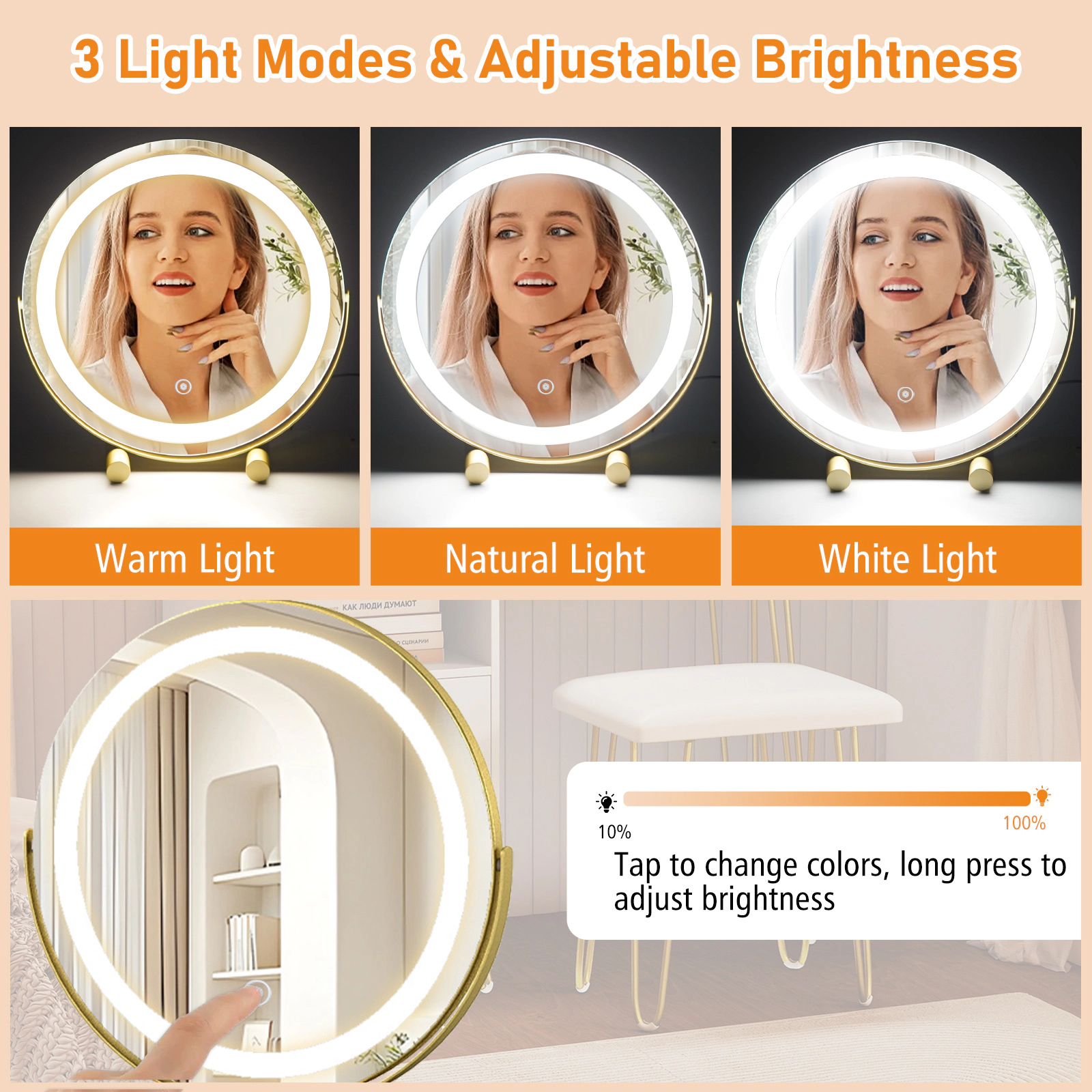 SUGIFT Off White Modern Dressing Vanity Table with Reversible Side Cabinet Jewelry Drawer and LED Mirror