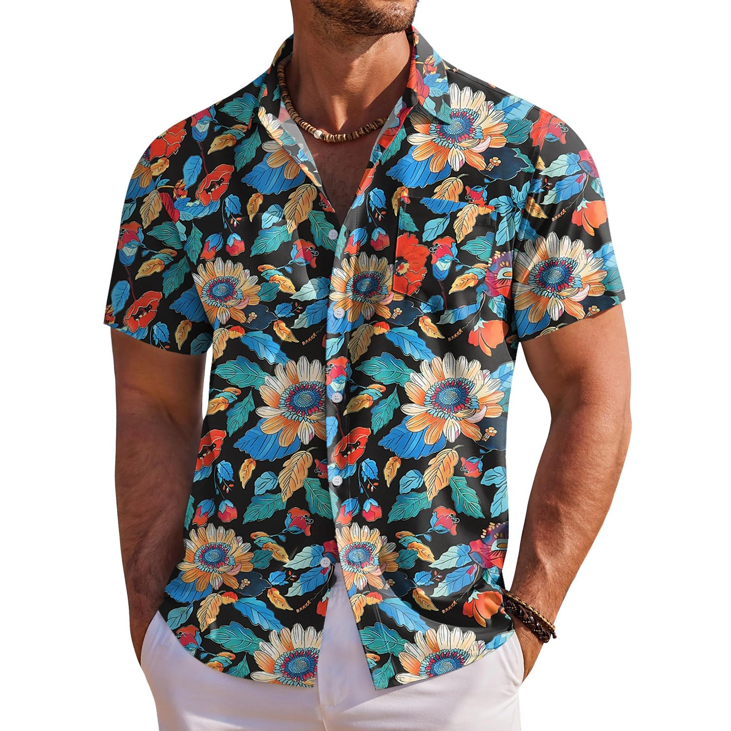 COOFANDY Mens Hawaiian Shirts Short Sleeve Tropical Print Button Down Casual Tops