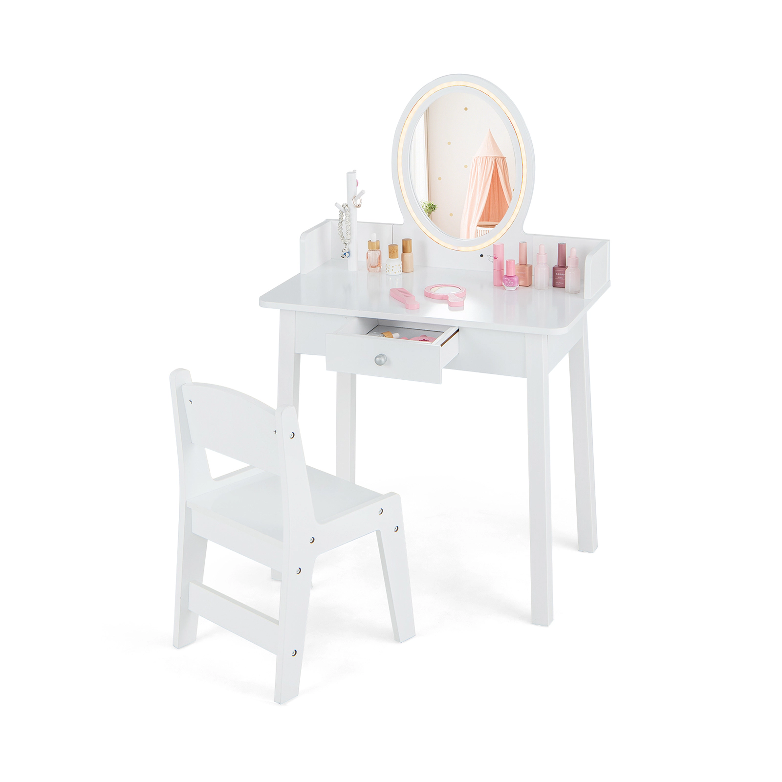 SUGIFT White LED Lighted Mirror Detachable Mirror Drawer and Stool Kids Vanity Set