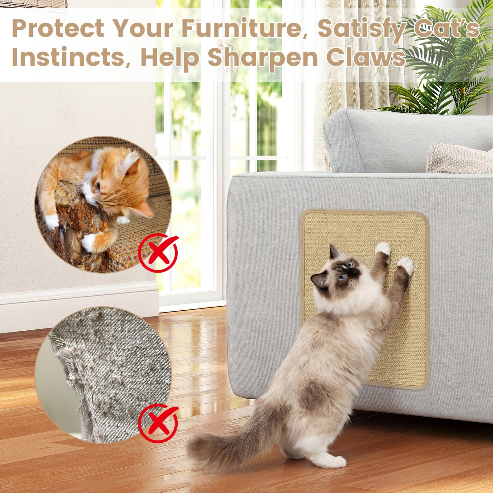 SUGIFT Self-Adhesive Sisal Cat Scratcher Mat Set 16 x 12 in & 24 x 16 in 6-Piece Cat Tree Accessory