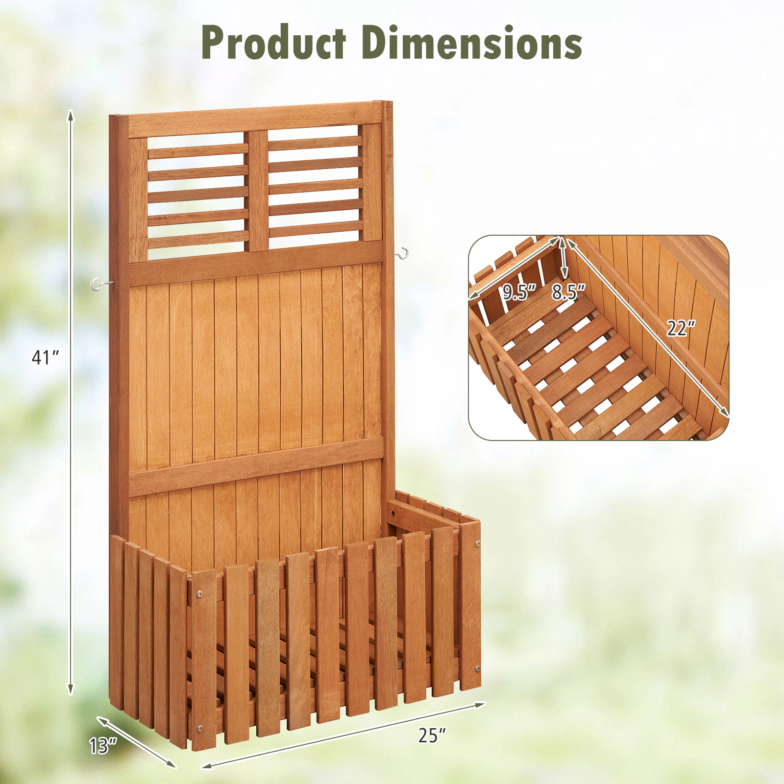 SUGIFT 41-in Tall 50-lb Capacity Natural Wood Raised Garden Bed with Privacy Screen Side Hooks and Slatted Bottom