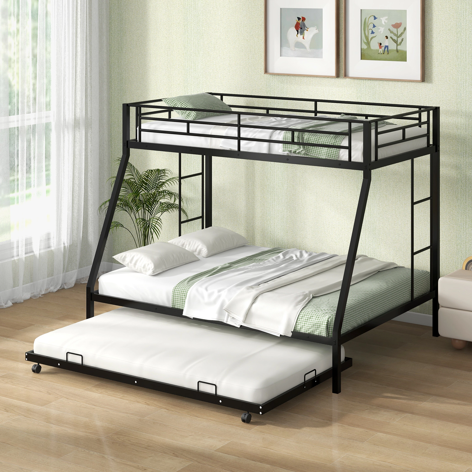 SUGIFT Black Roll-Out Trundle and Full-Length Guardrail Twin Over Full Kids Metal Bunk Bed