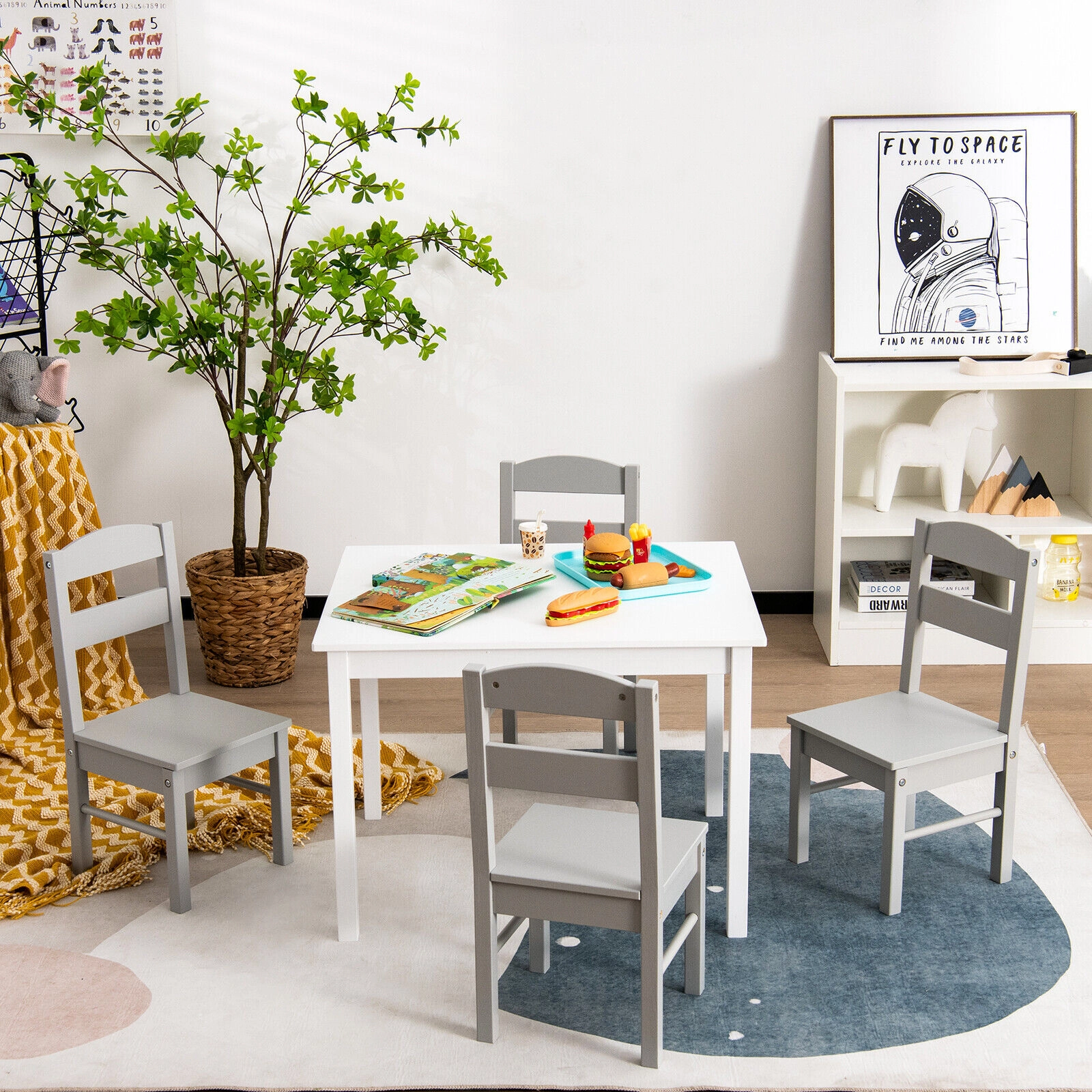 SUGIFT Kids 5-Piece Wooden Table and Chair Set 88-lb Table 110-lb Chairs Ages 2-6 White and Gray