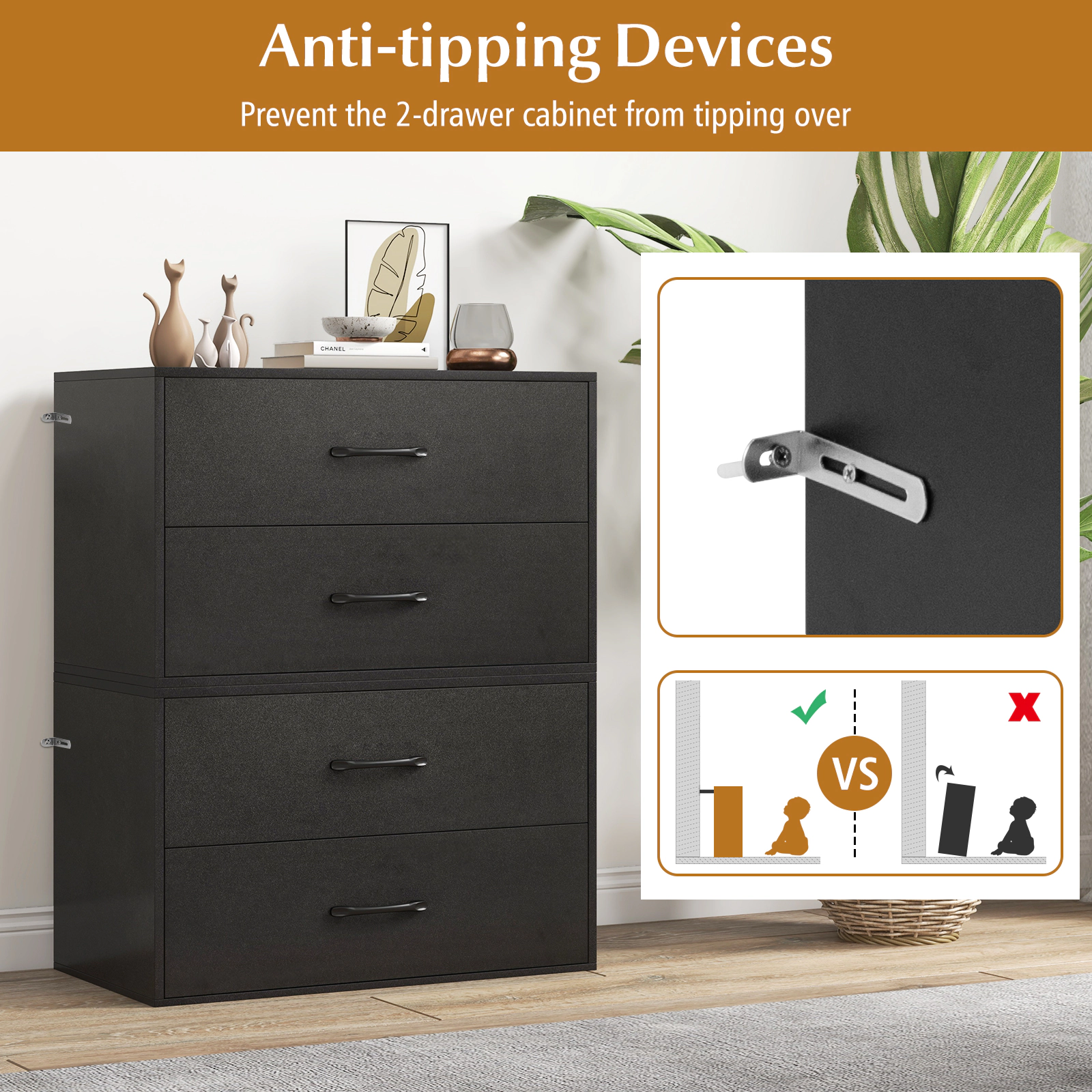 SUGIFT 24-Inch Black 2-Drawer Stackable Closet Dresser Chest