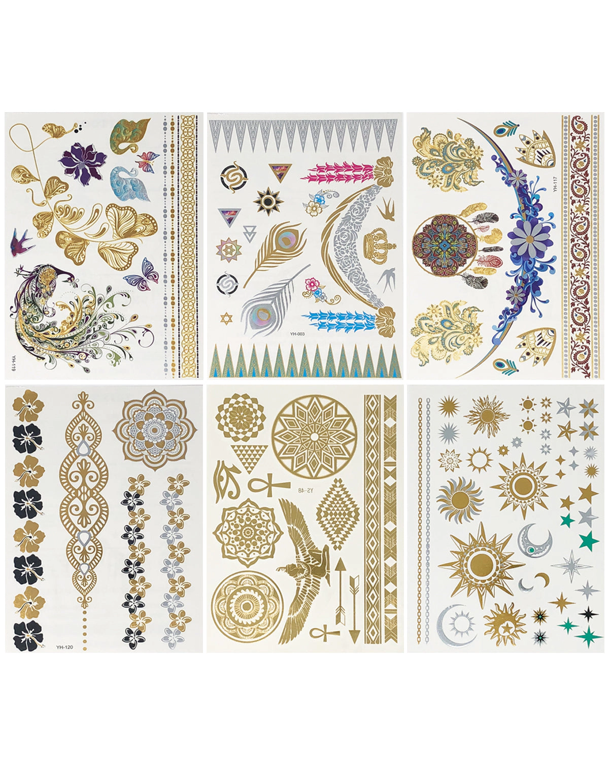 Wrapables Celebrity Inspired Temporary Tattoos in Metallic Gold Silver and Black (6 Sheets), Large