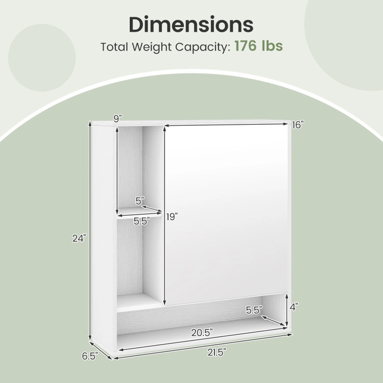 SUGIFT Wall Mounted Bathroom Cabinet with Mirror Single Door 21.5-in Frame 176-lb Capacity Wall Storage 1-Piece White