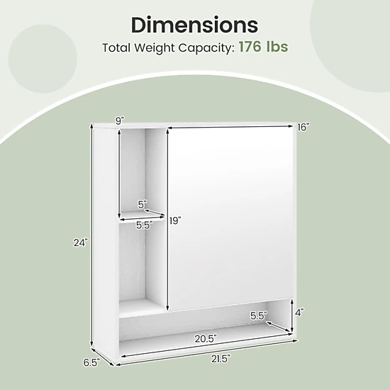 SUGIFT Wall Mounted Bathroom Cabinet with Mirror Single Door 21.5-in Frame 176-lb Capacity Wall Storage 1-Piece White