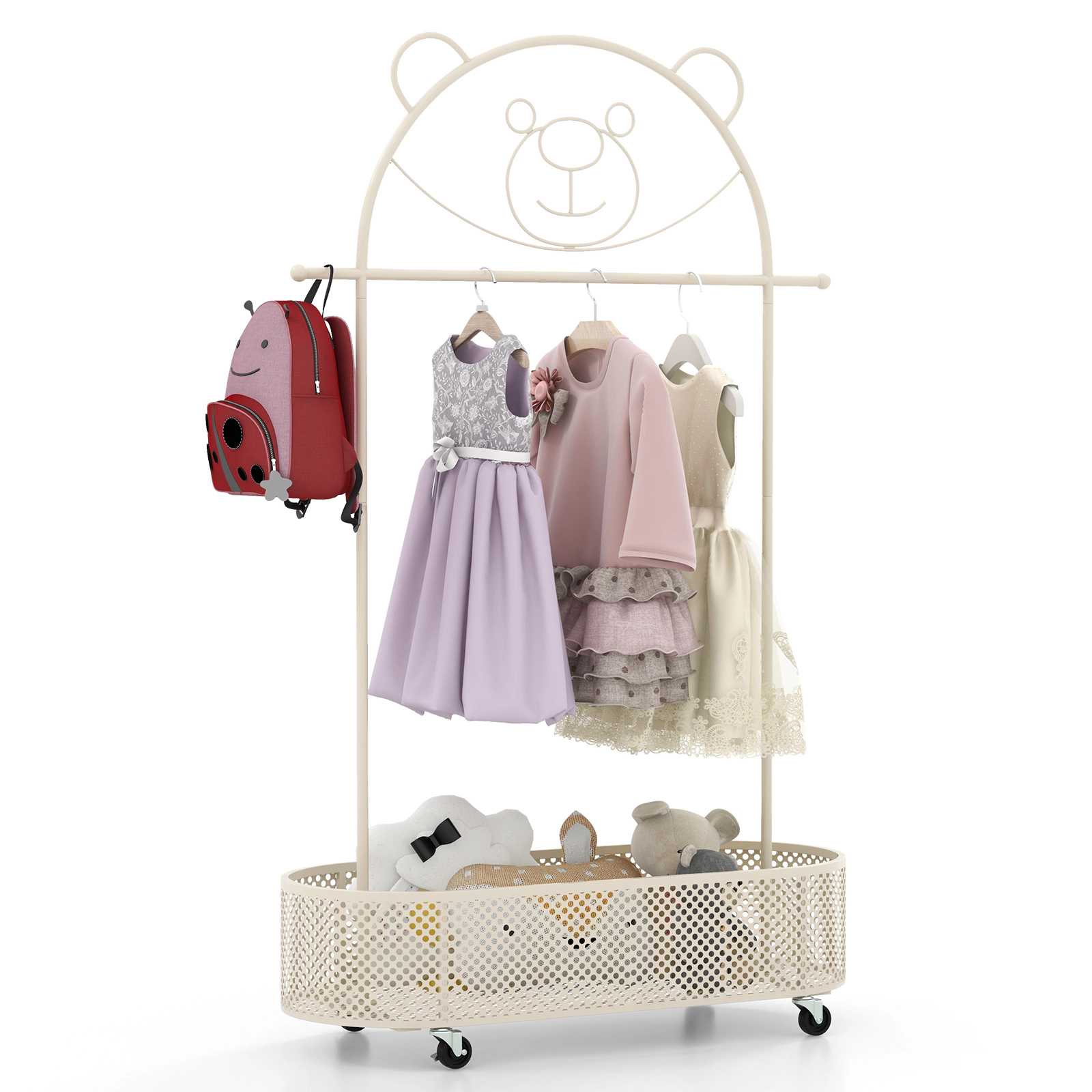 SUGIFT 3-Height Adjustable Metal Kid Clothes Rack with Basket and Wheels 72-in Tall White