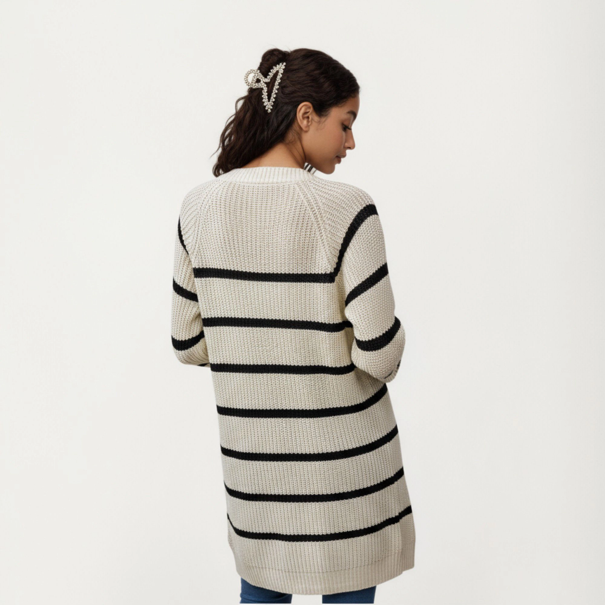 Anna-Kaci Women's Long Sleeve Striped Knit Cardigan with Button Front and Ribbed Trim
