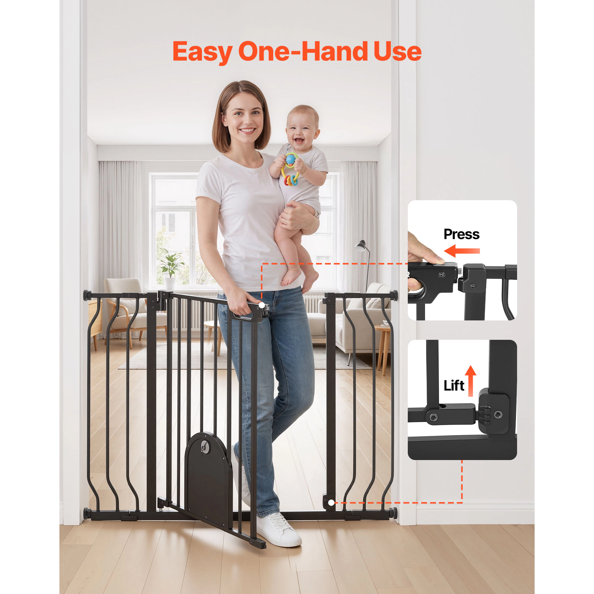 HONGGE Baby Gate for Stairs 29.5-43 in Adjustable Width Baby Gate with Adjustable Cat Door with Pressure Mount Kit and