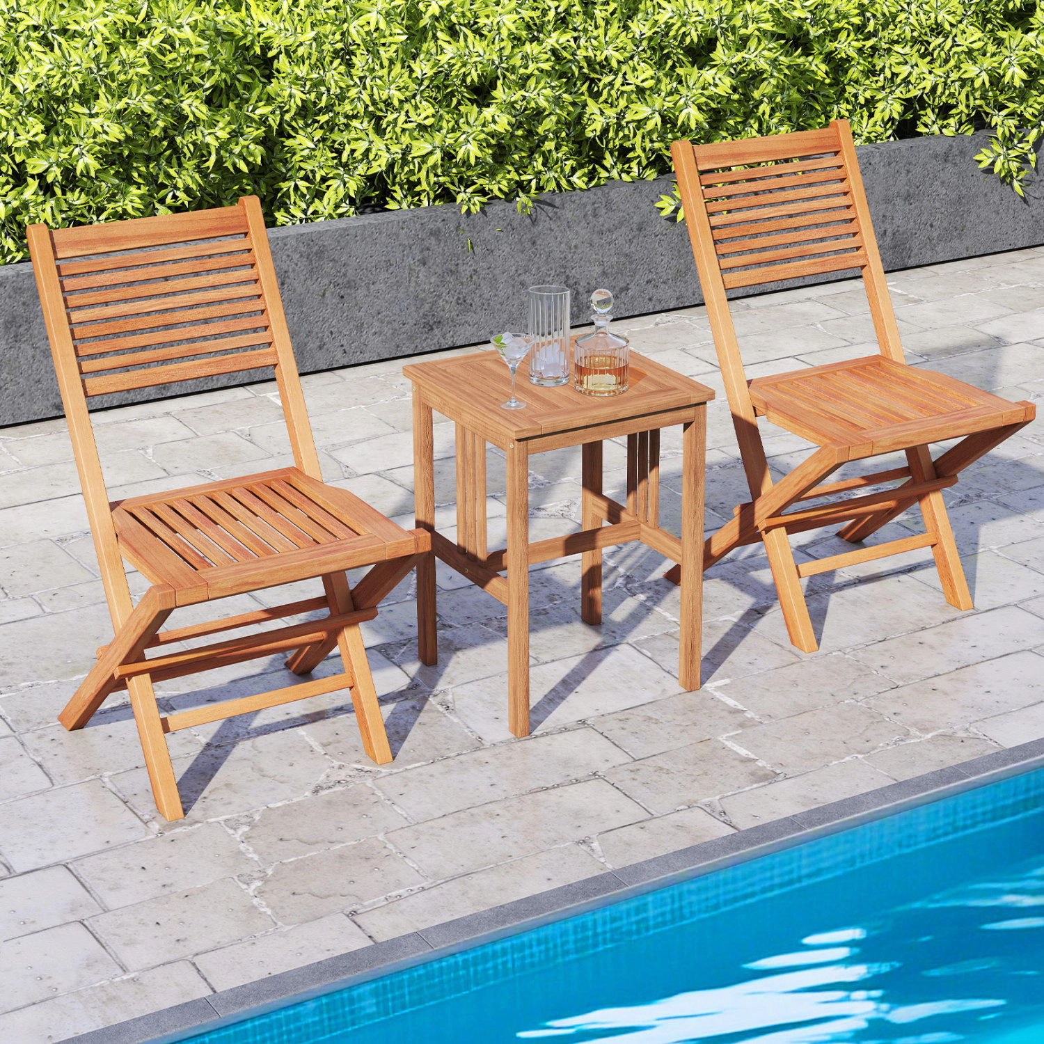 LJG Teak Wood Folding Patio Chairs Set of 2 with Slatted Seat & Portable Design for Deck