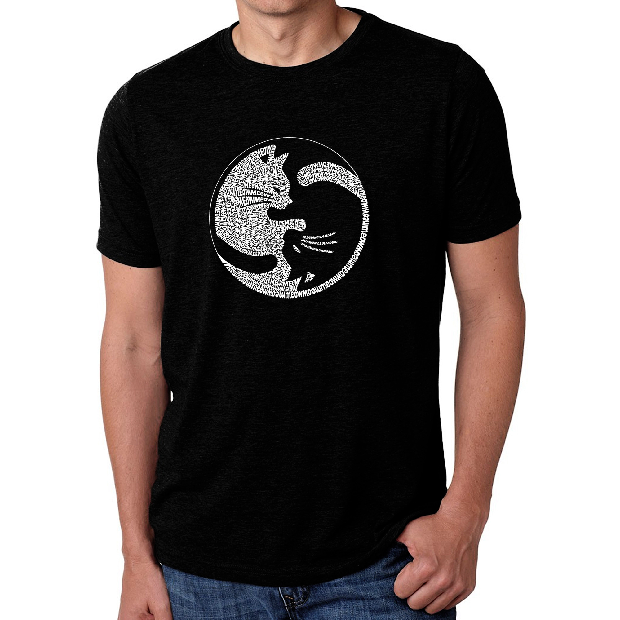 LA Pop Art Men's Cotton/Poly Blend T-Shirt - Yin Yang Cat Word