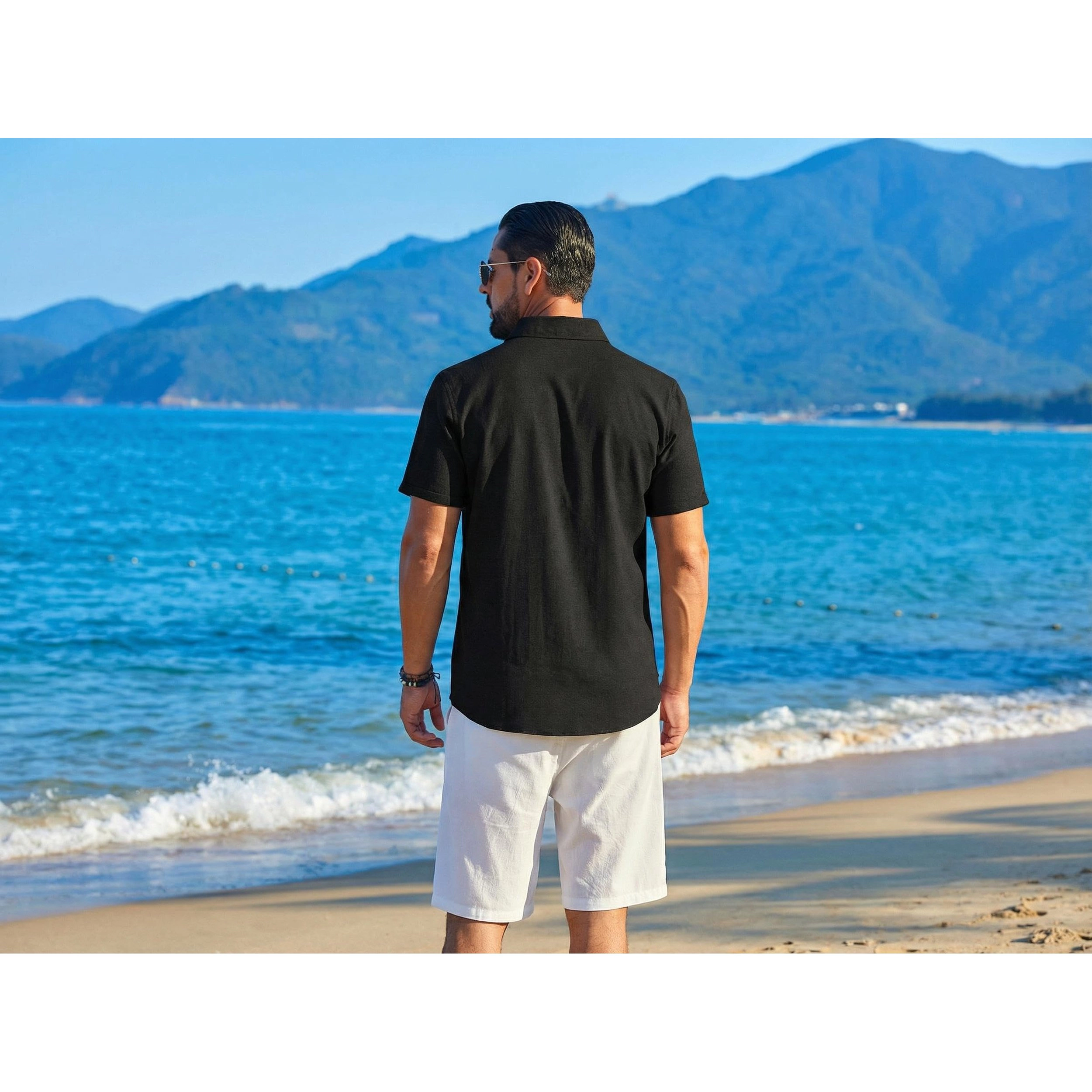 COOFANDY Mens Short Sleeve Button Down Shirt  V Neck Casual Loose Beach Tops