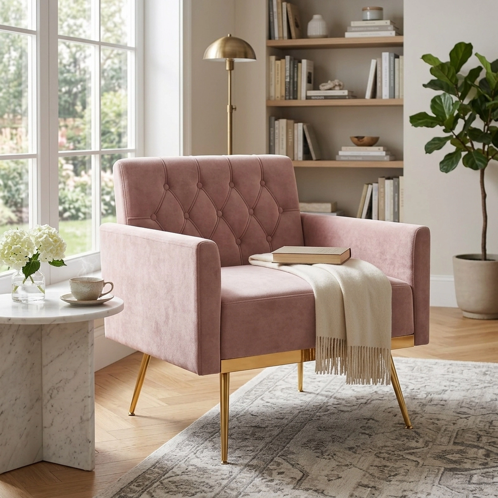 Velvet Accent Chair Pink Button Tufted Back with 25-in Wide Seat Gold Metal Legs Adjustable Levelers Spring Seat