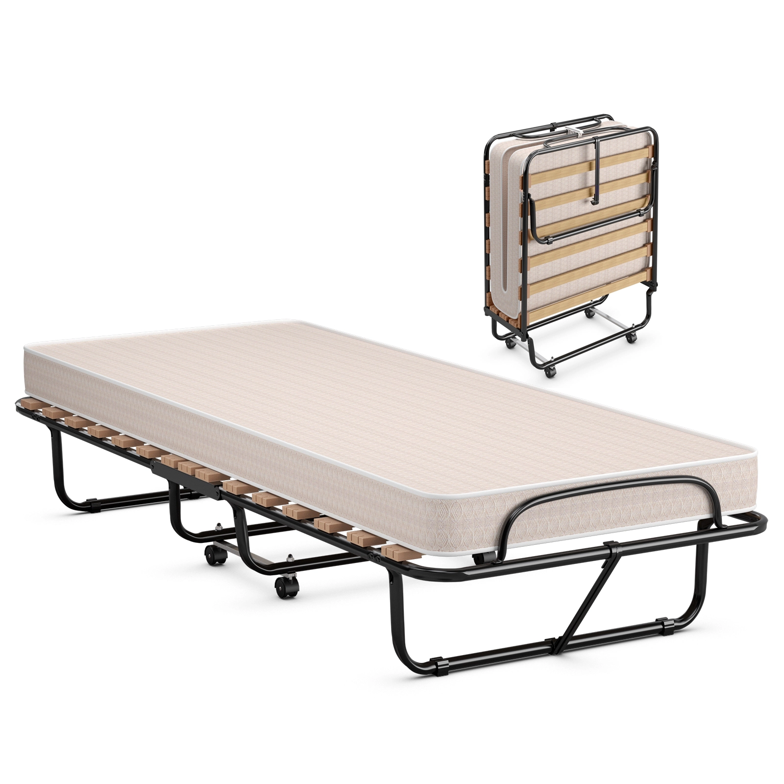 SUGIFT Folding Portable Guest Bed with Memory Foam Mattress 264.5-lb Capacity Adult Black Frame Beige Mattress