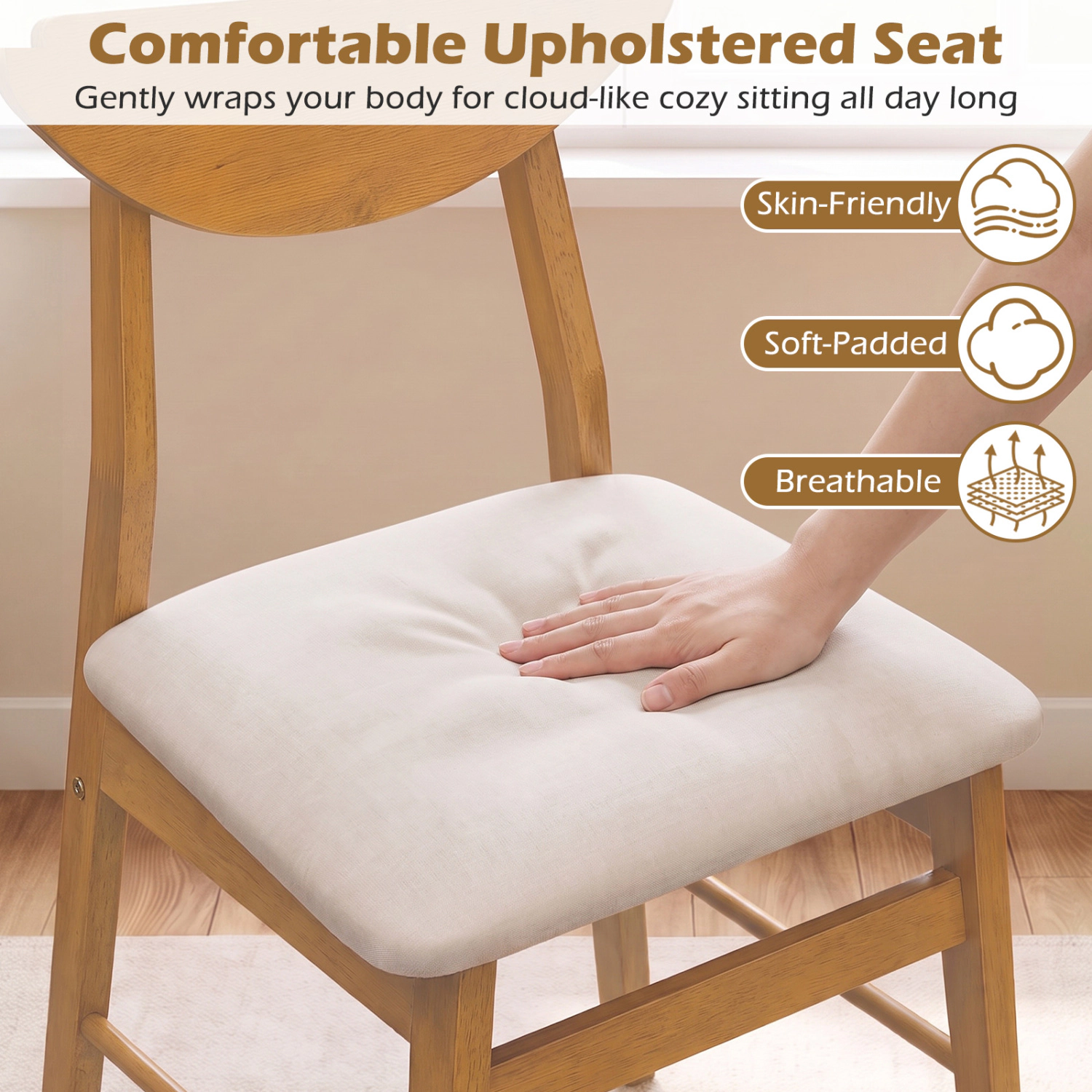 LJG Set of Upholstered Dining Chairs with Curved Backrest and Rubber Wood Frame
