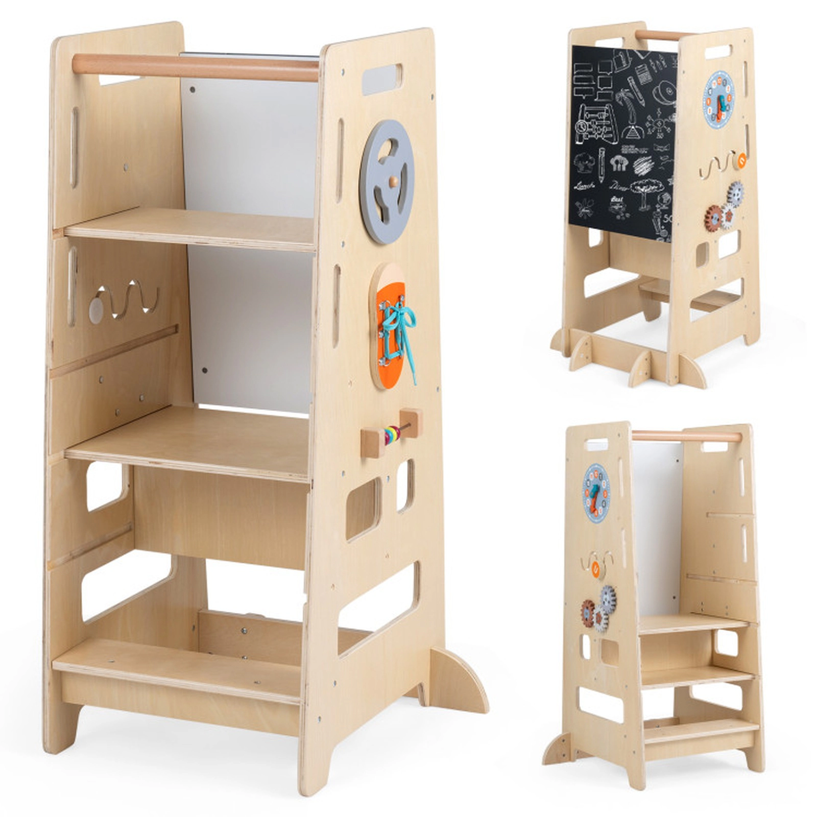 SUGIFT Natural Wooden Toddler Standing Kitchen Tower with 2 Adjustable Heights and Chalkboard Panel