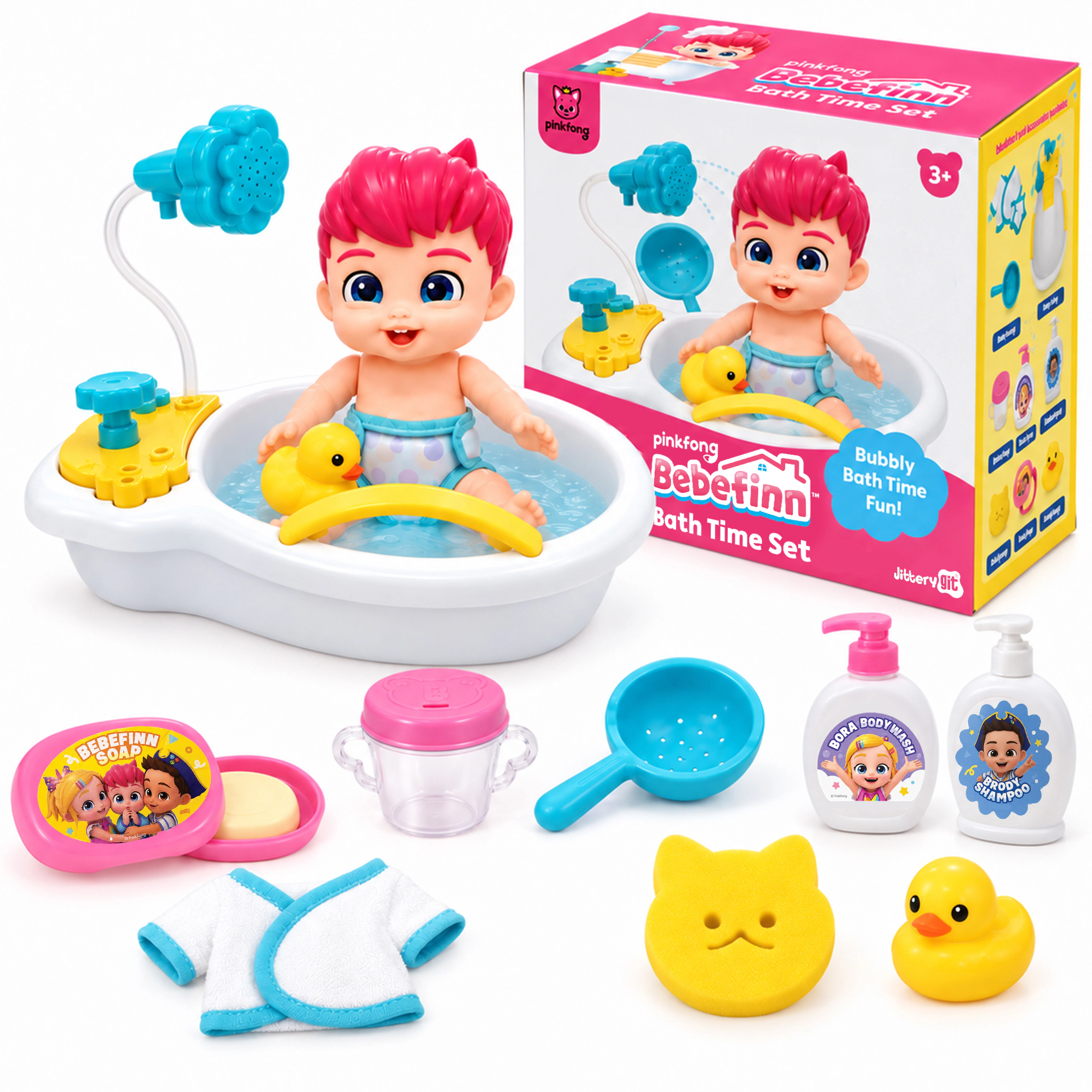 Bebefinn Kids Bath Doll Set - Water-Safe Baby Doll with Bath Play Accessories
