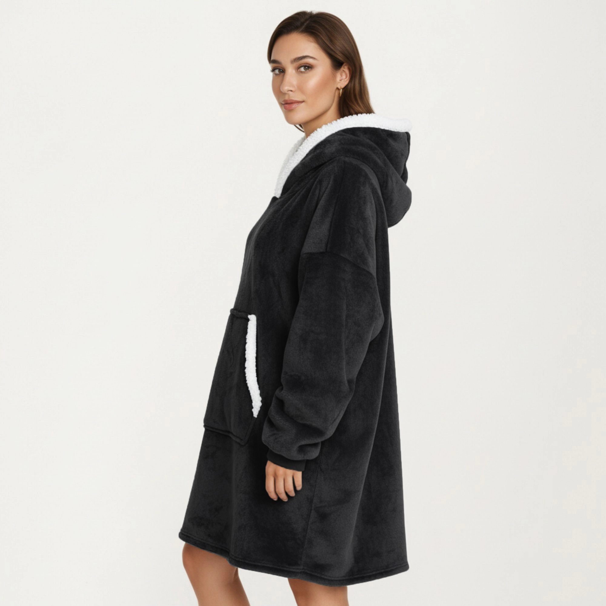Anna-Kaci Women's Plush Hooded Lounge Dress with Faux Shearling Trim Long Sleeves and Front Kangaroo Pocket