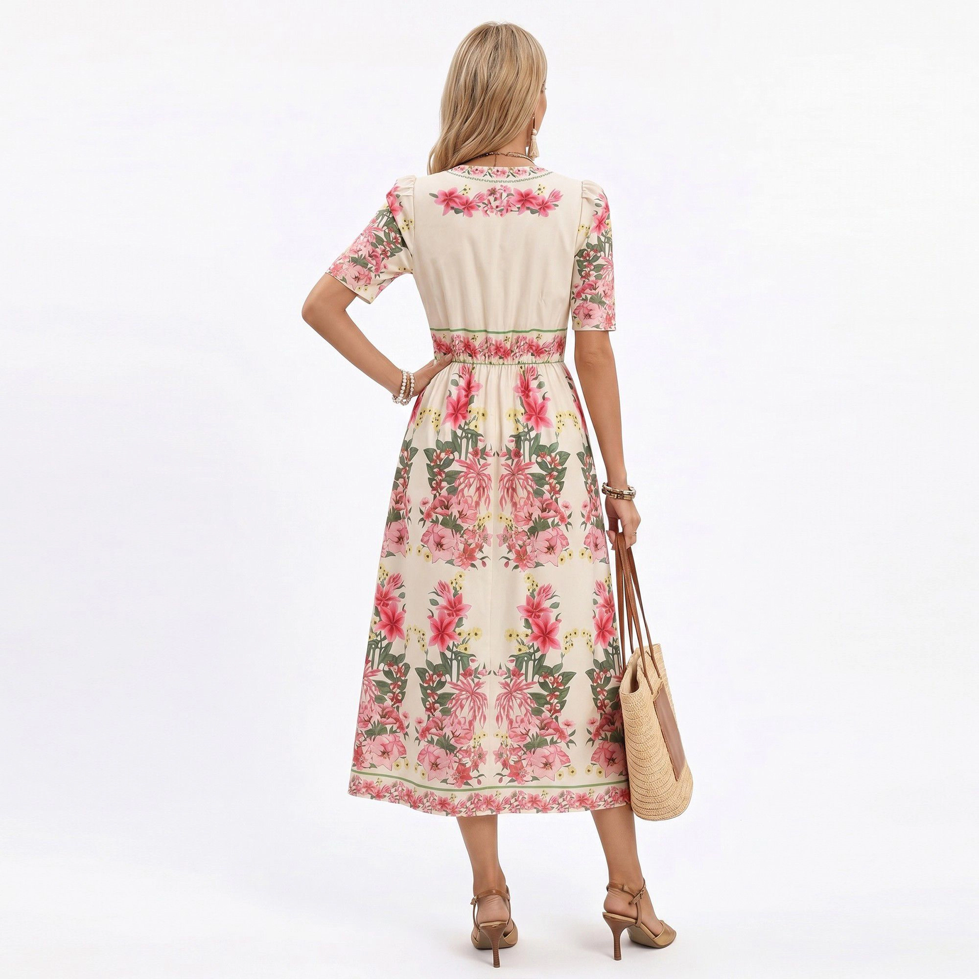 Anna-Kaci Women's Floral V-Neck Short Puff Sleeves Waist Midi Dress