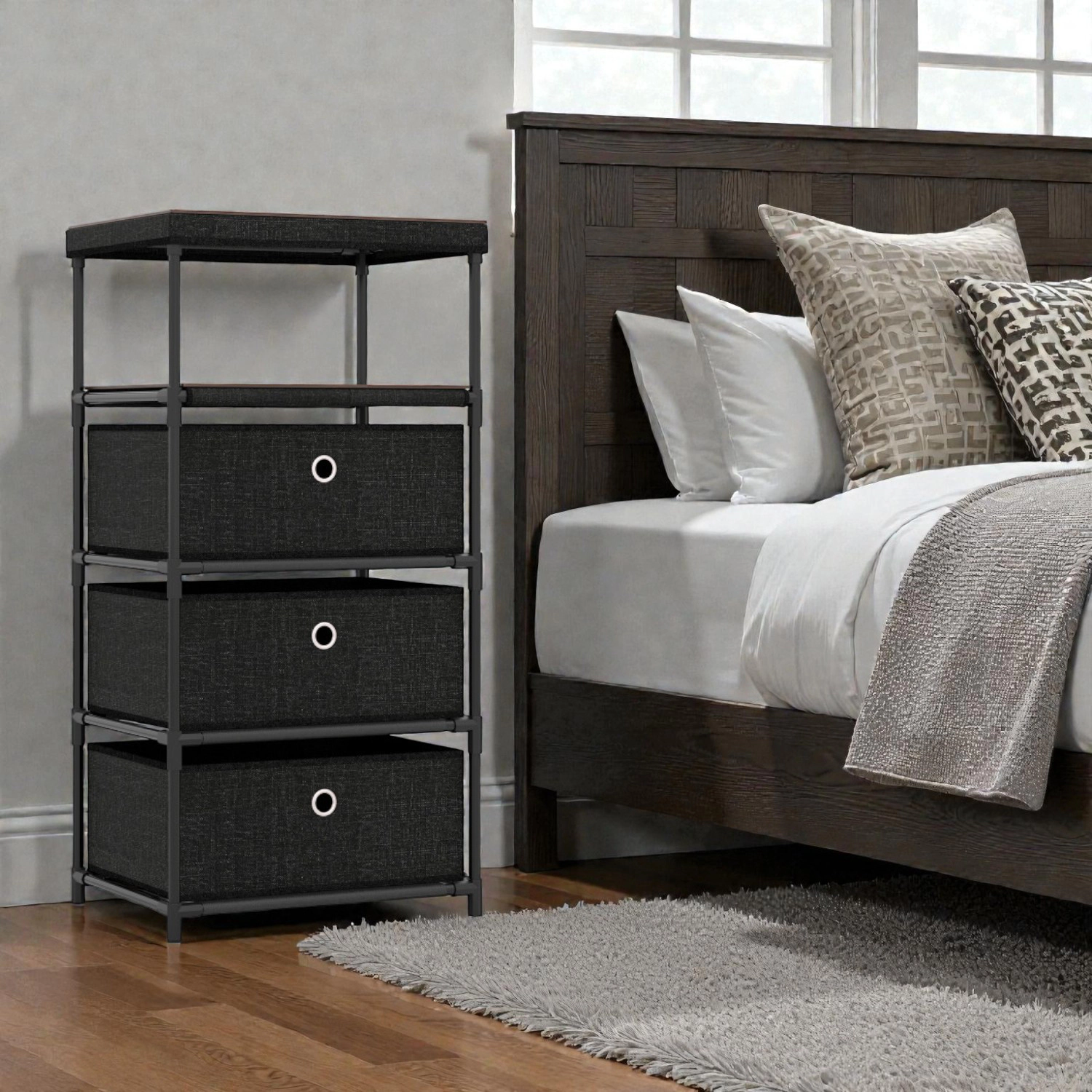 Hivvago Compact 3/4-Drawer Dresser Featuring Fabric Storage, Wood Top, and Metal Frame