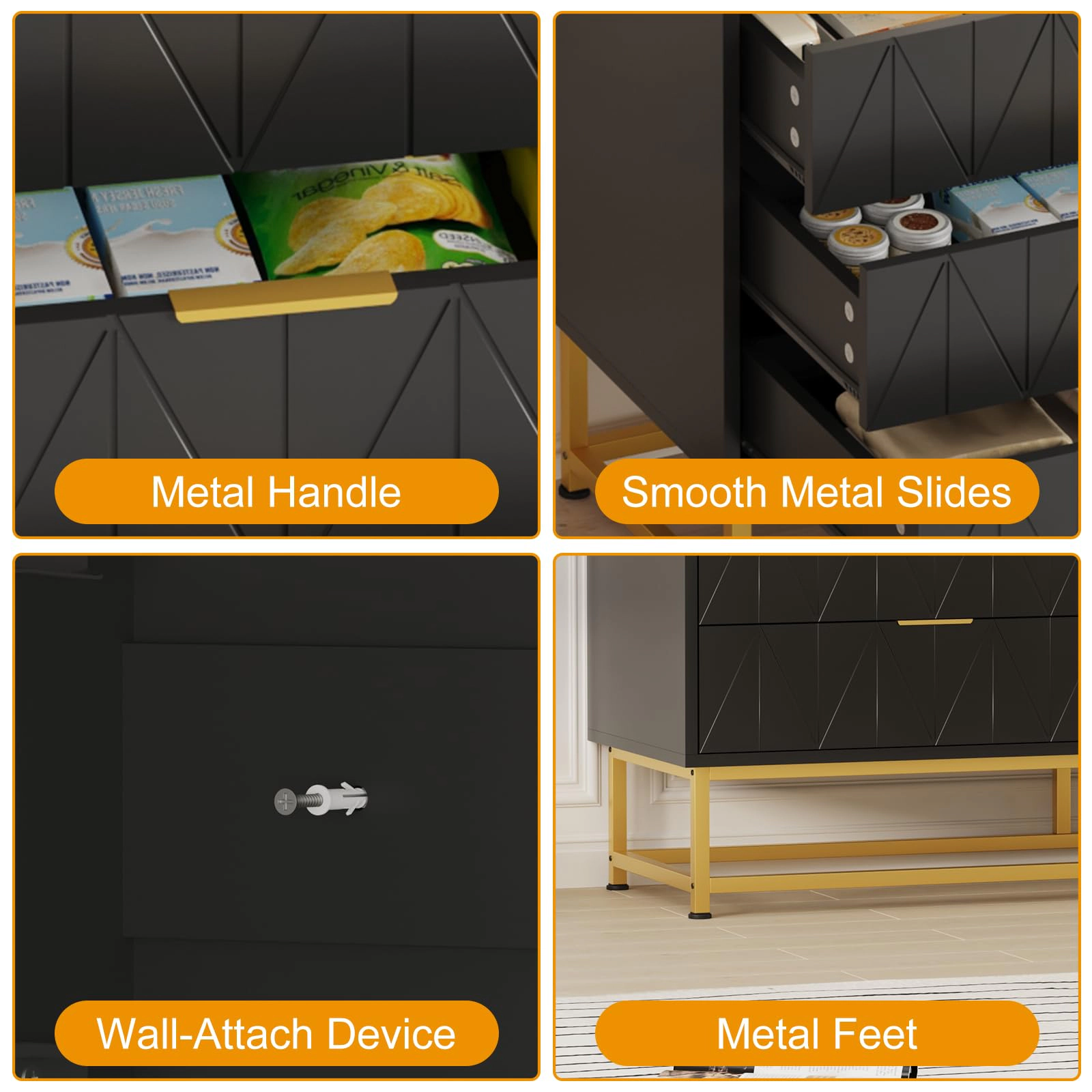 Modern 6 Drawer Wood Dresser with Metal Legs, Wide Storage Chest Organizer for Bedroom Living Room