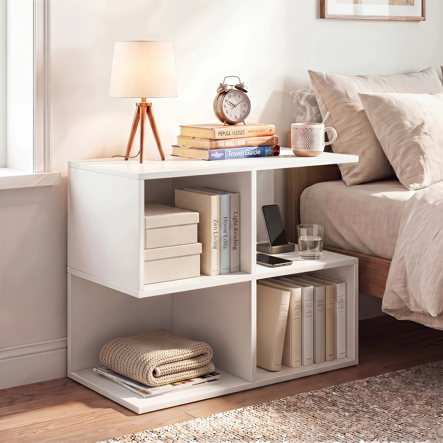 LJG 3-Tier Modern S-Shaped End Table with 4 Storage Cubes