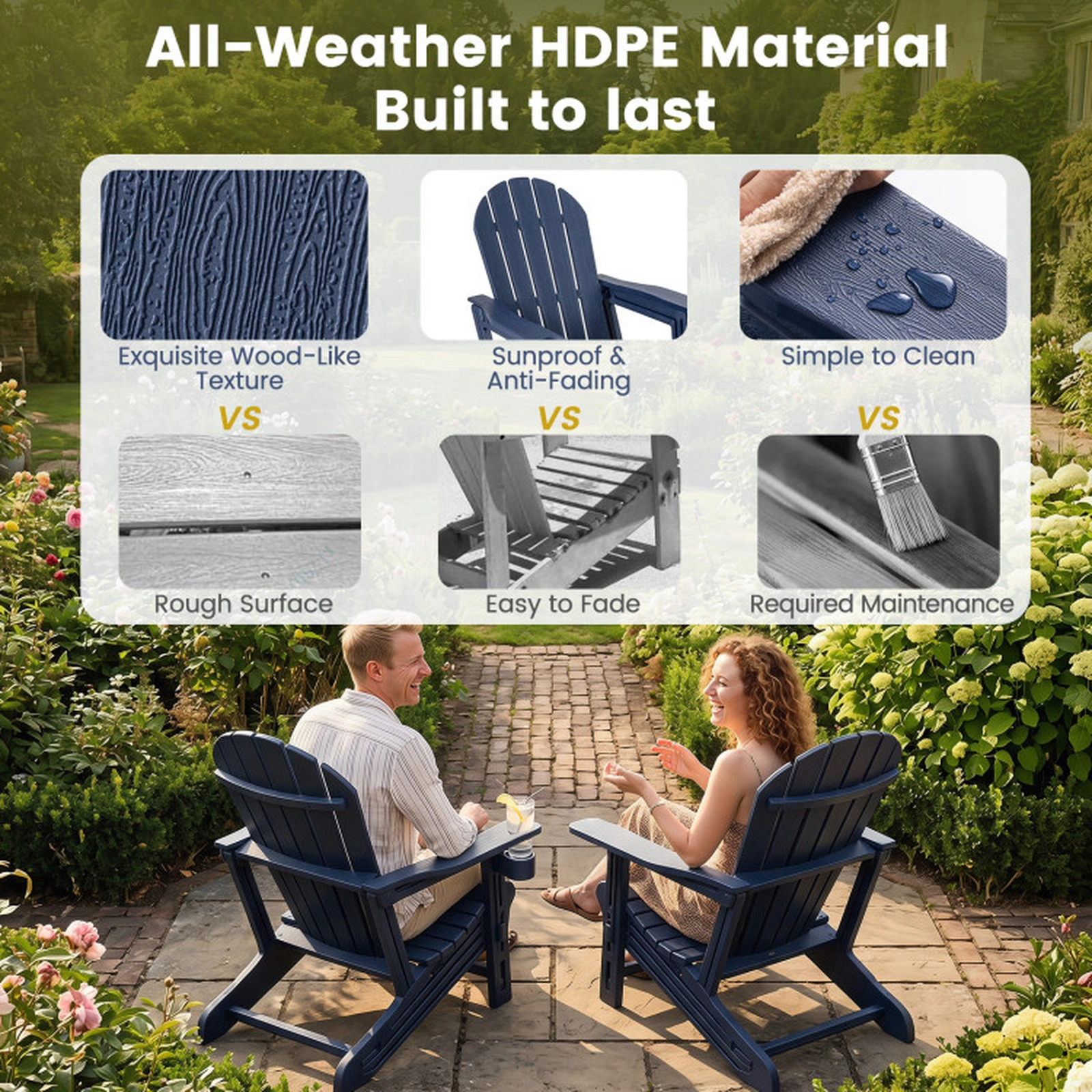 SUGIFT Adirondack Chair with Cup Holder and Wooden Texture 330-Lb Capacity Navy Blue/Black/Gray