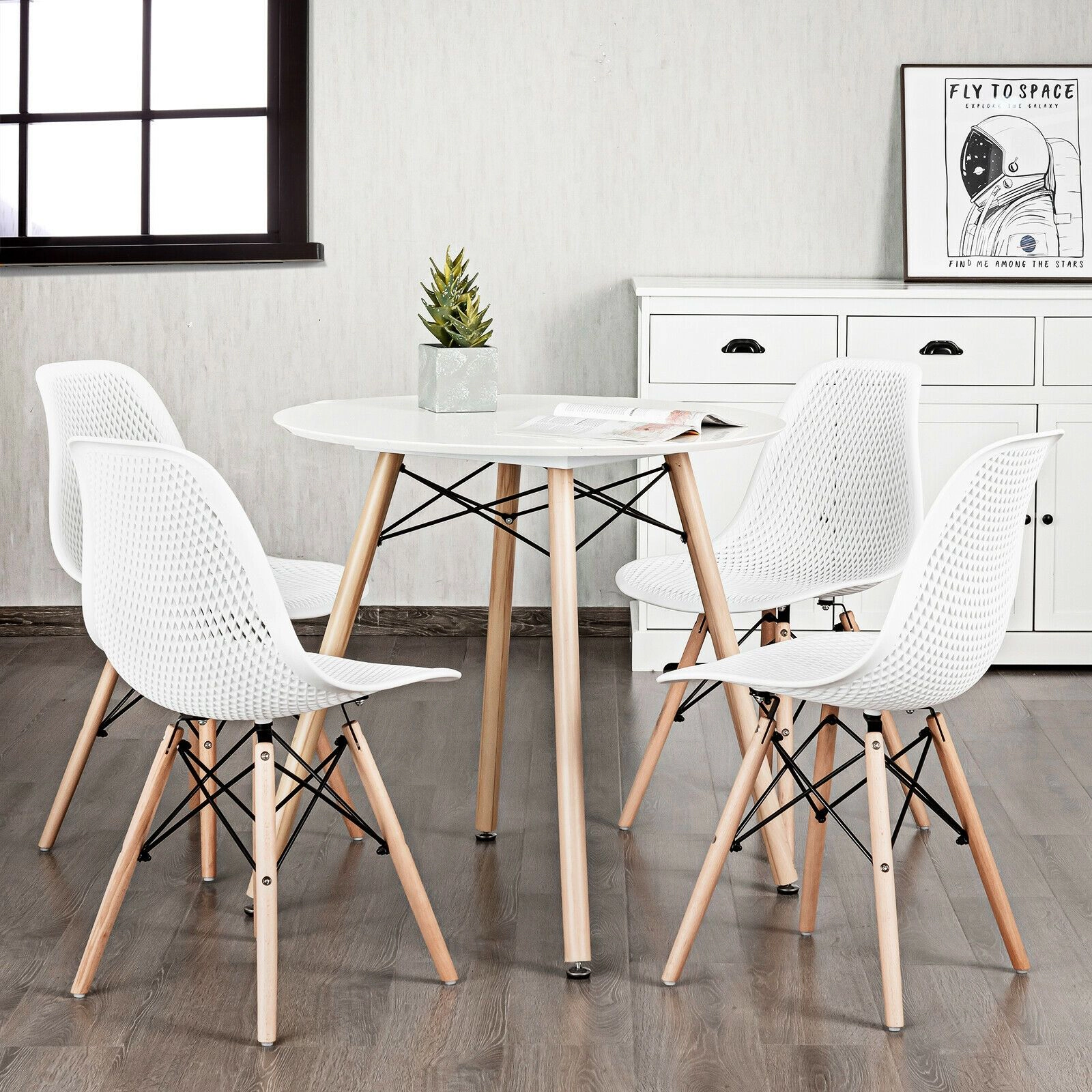 SlickBlue Unisex Set of 4 Hollow Back Plastic Chairs with Wood Legs